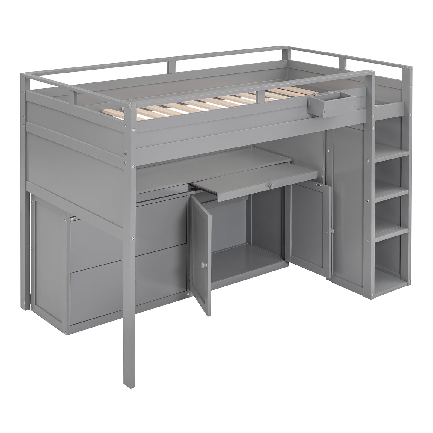 Loft Bed with Rolling Cabinet and Desk - Gray