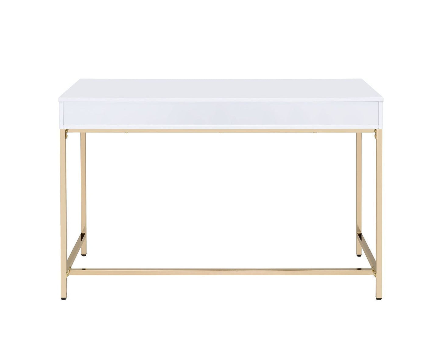 Elegant White High Gloss Office Desk with Gold Metal Accents and Storage