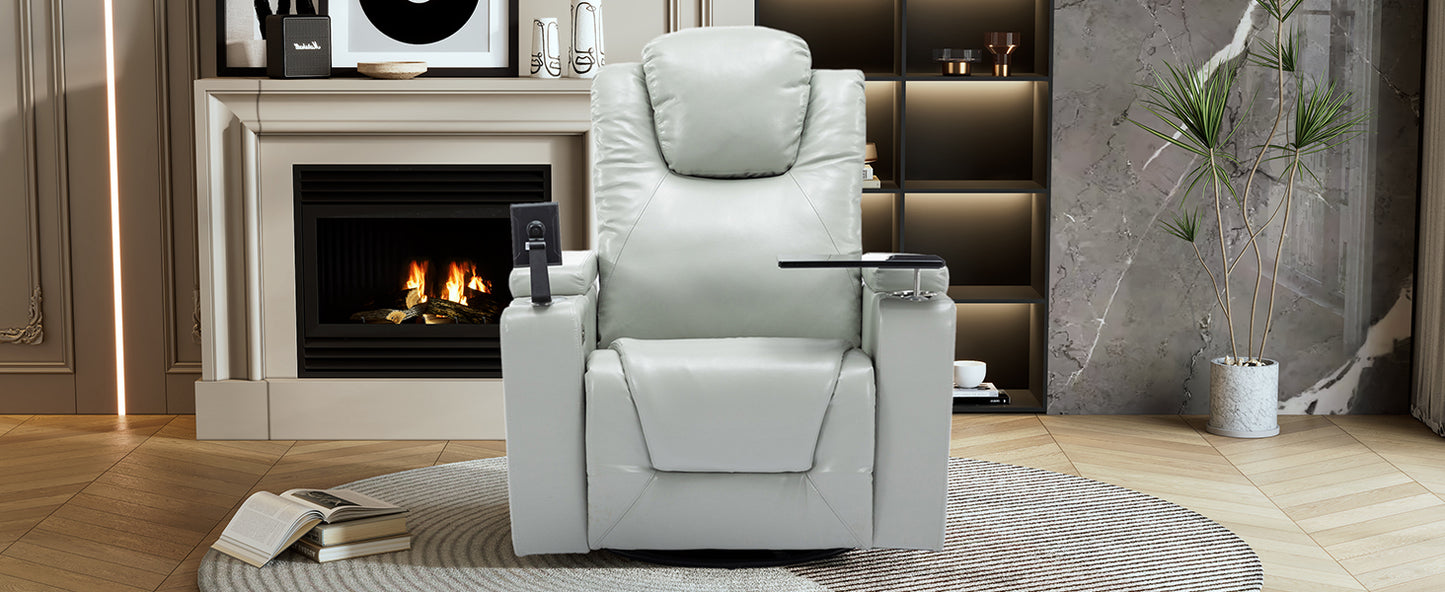 Luxurious Grey PU Leather Power Recliner with Surround Sound and Storage.