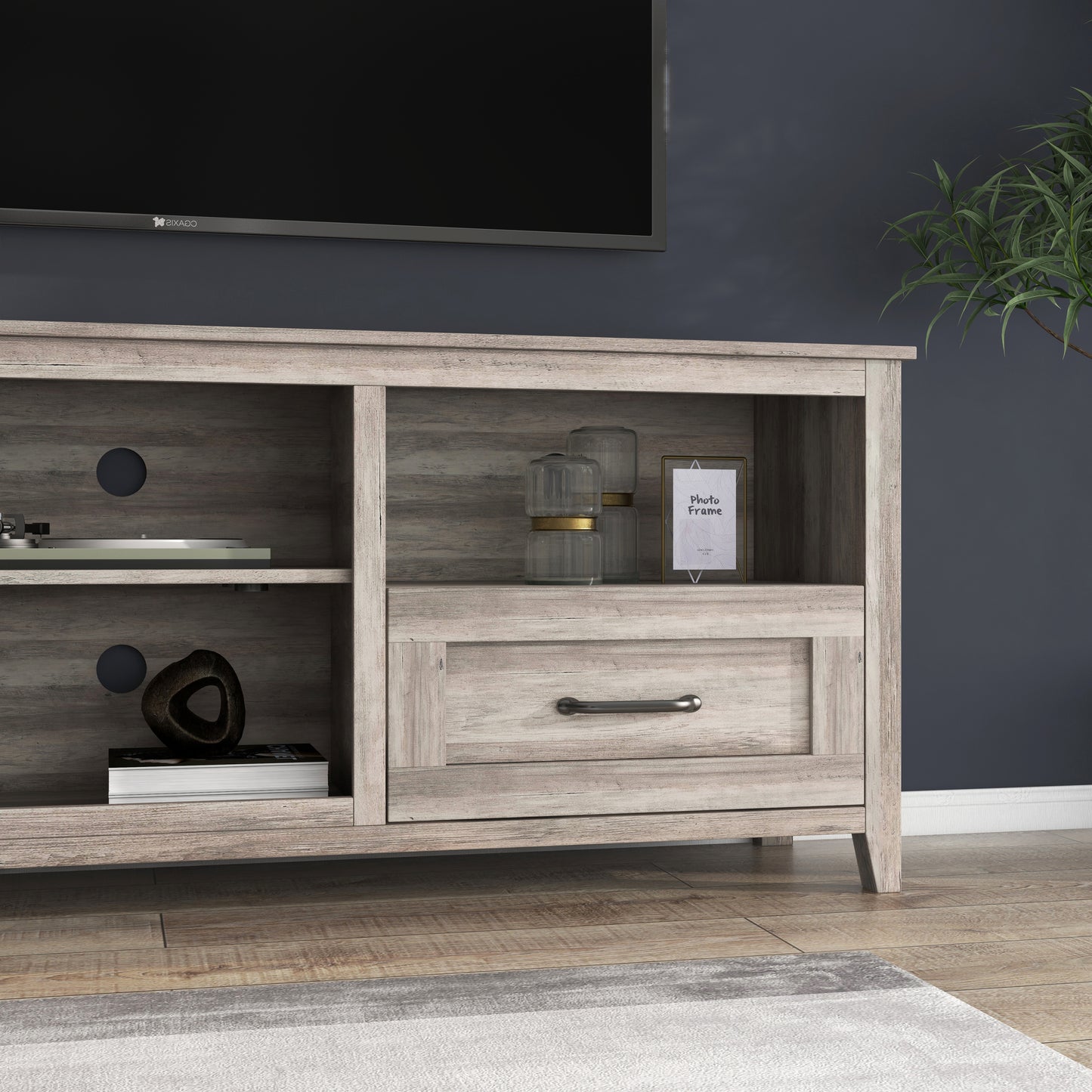 Sleek 70.08 Inch TV Stand with 2 Drawers and 4 Storage Compartments in Grey Walnut