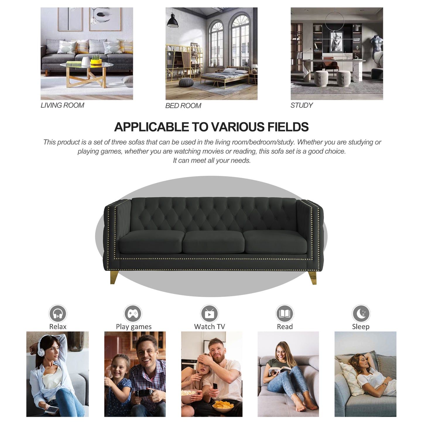 Velvet Sofa for Living Room,Buttons Tufted Square Arm Couch, Modern Couch Upholstered Button and Metal Legs, Sofa Couch for Bedroom, Black Velvet