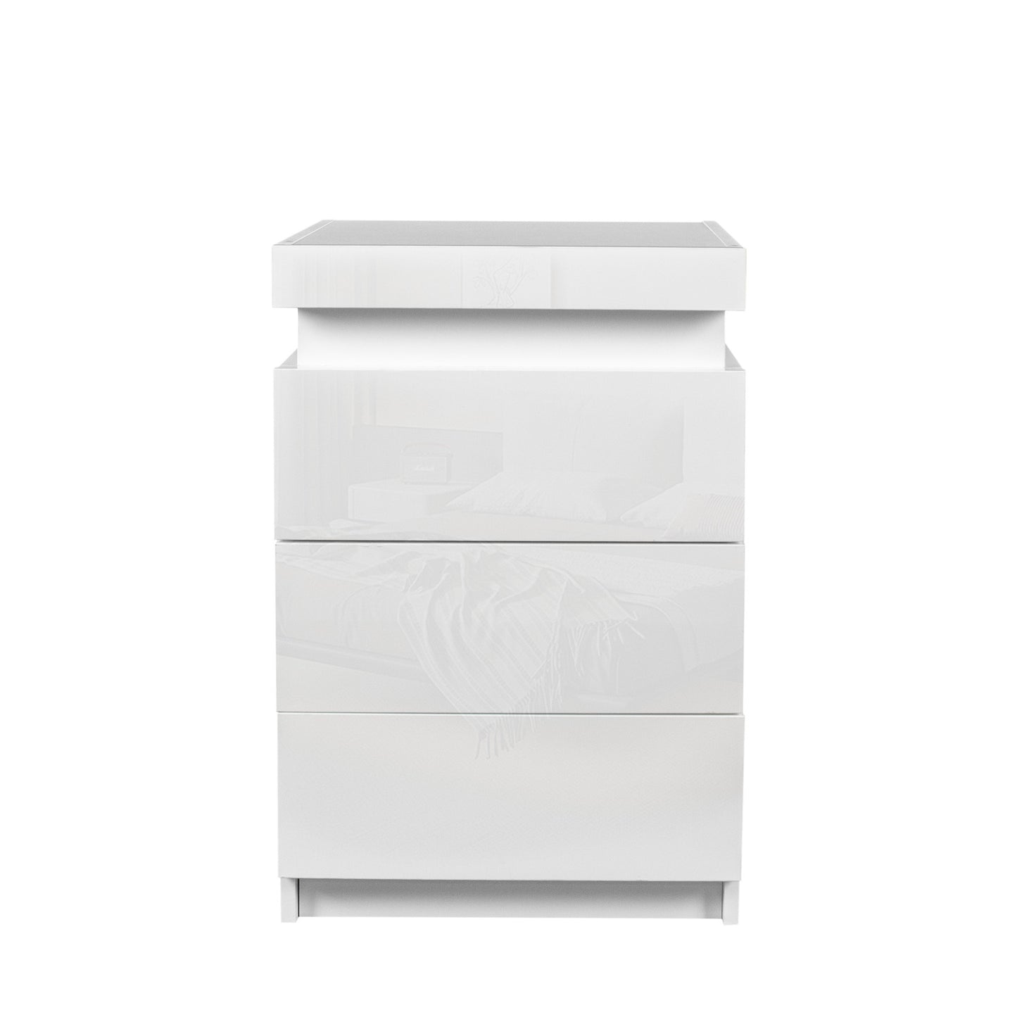 Sleek White High Gloss Nightstand with LED Lights and 3 Spacious Drawers