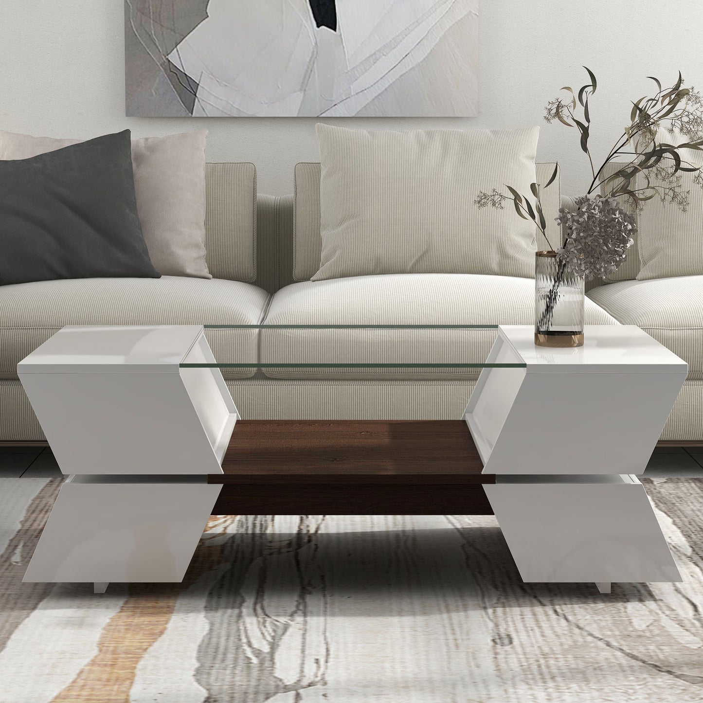 6mm Glass-Top White Coffee Table with Open Shelves and Cabinets