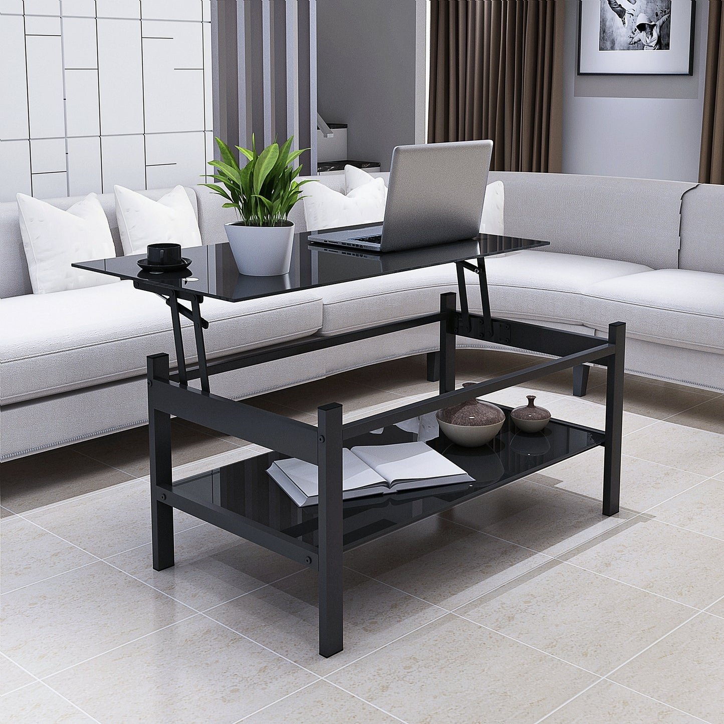 Modern Black Glass Coffee Table with Lift Top and 2-Layer Storage