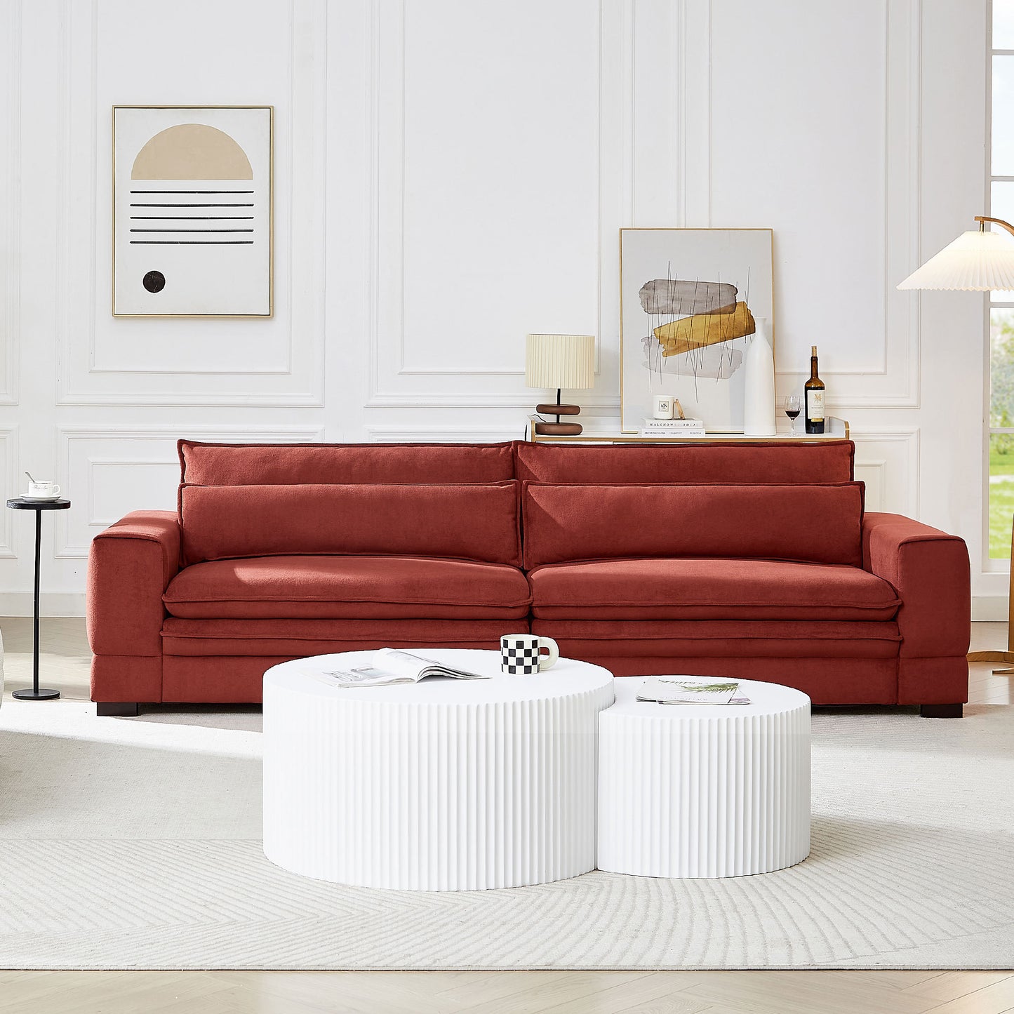 Mid-Century Modern Fabric Sofa, Upholstered Sofa Couch with two pillows  Modern Loveseat Sofa for Living Room RED