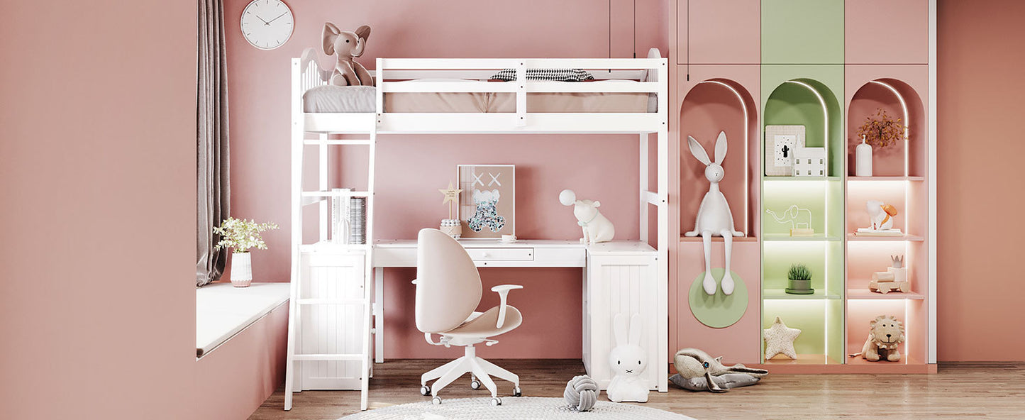 Twin size Loft Bed with Drawers, Cabinet, Shelves and Desk, Wooden Loft Bed with Desk - White( :LT000505AAK)