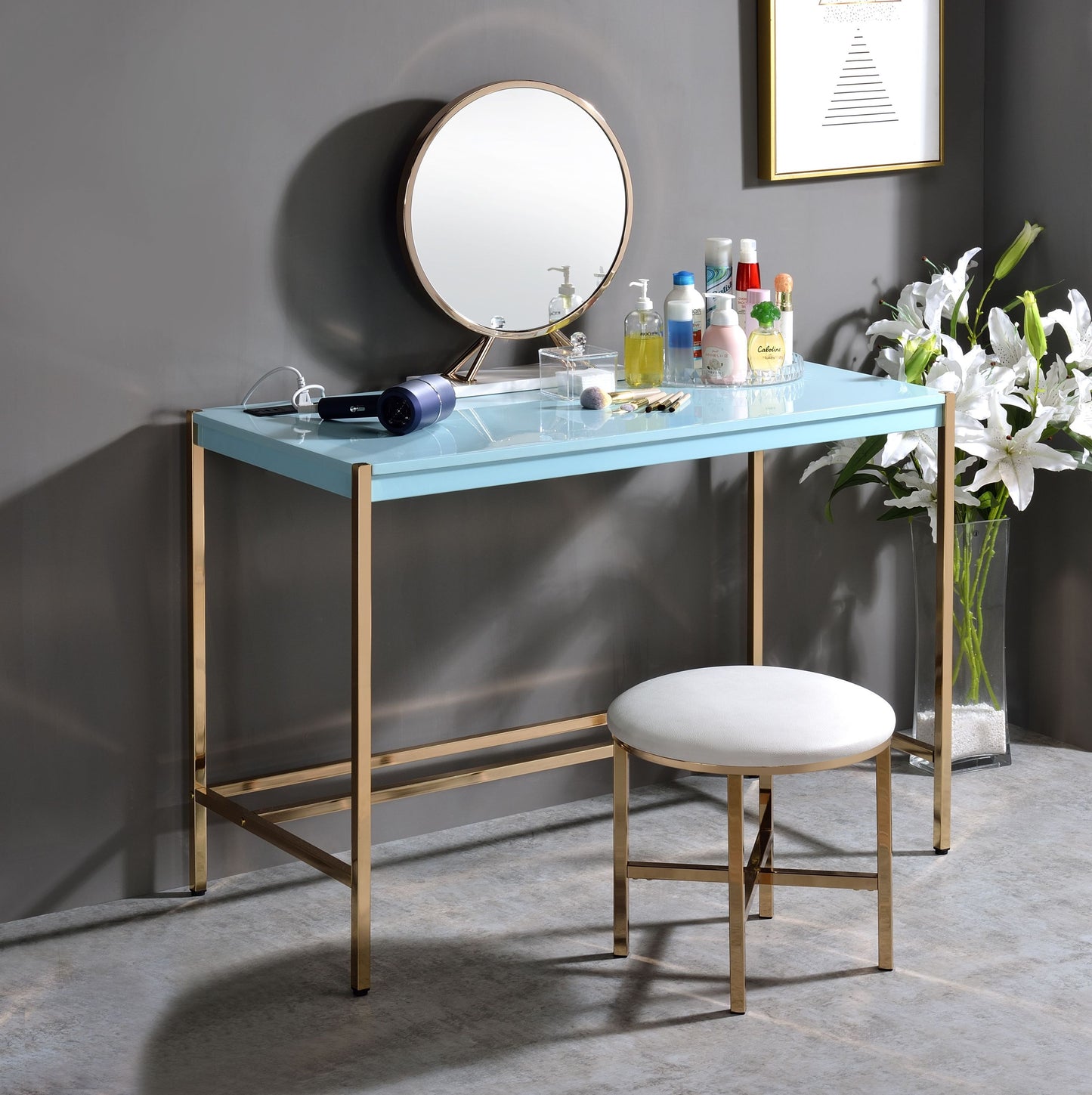 Midriaks Writing Desk: Chic Baby Blue and Gold Desk with USB Port