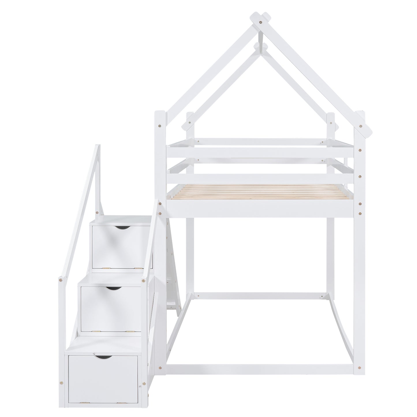 White Twin over Twin House Loft Bunk Bed with Slide, Staircase, Storage, and Play Area