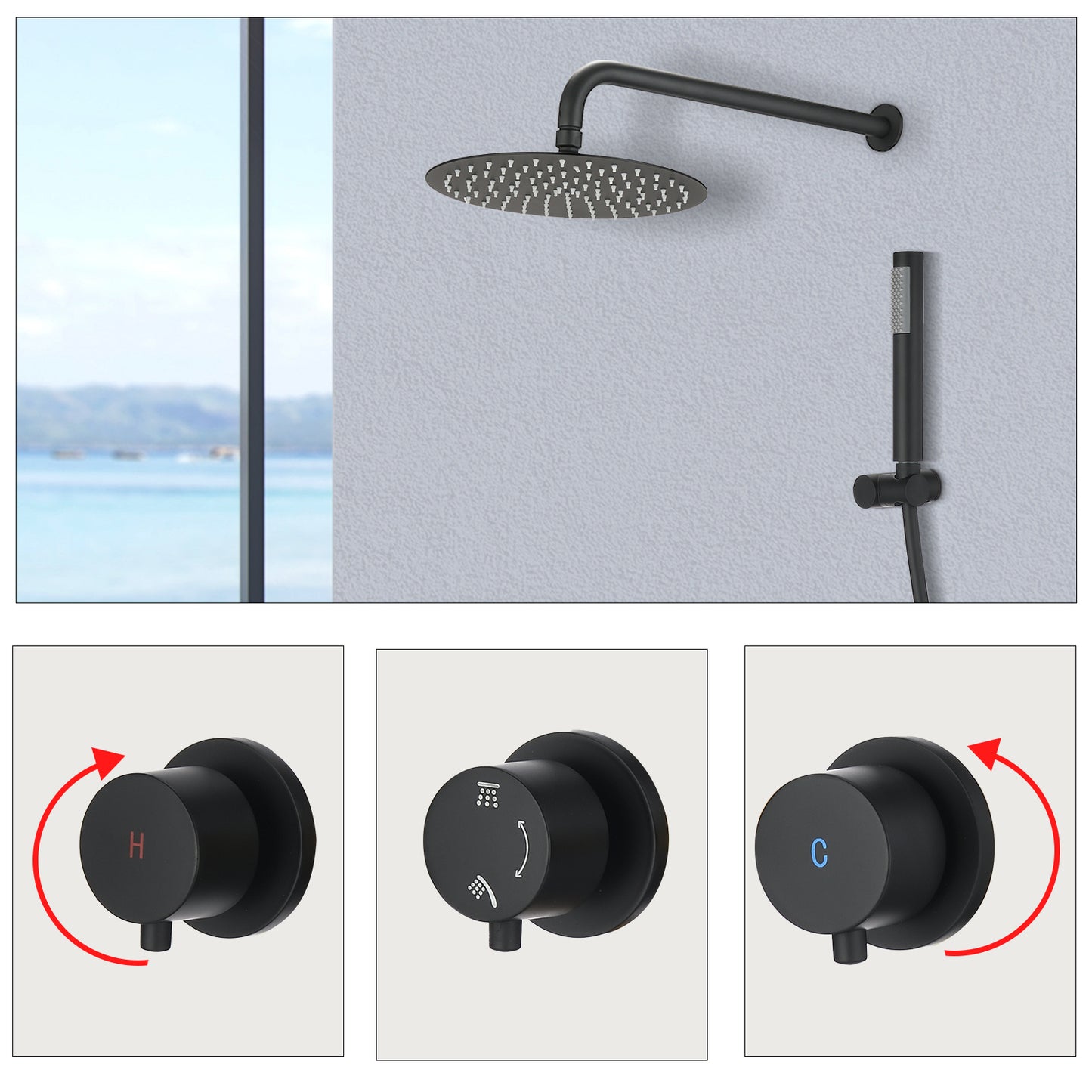 Matte Black Contemporary Bathroom Shower Set with Wall Mount