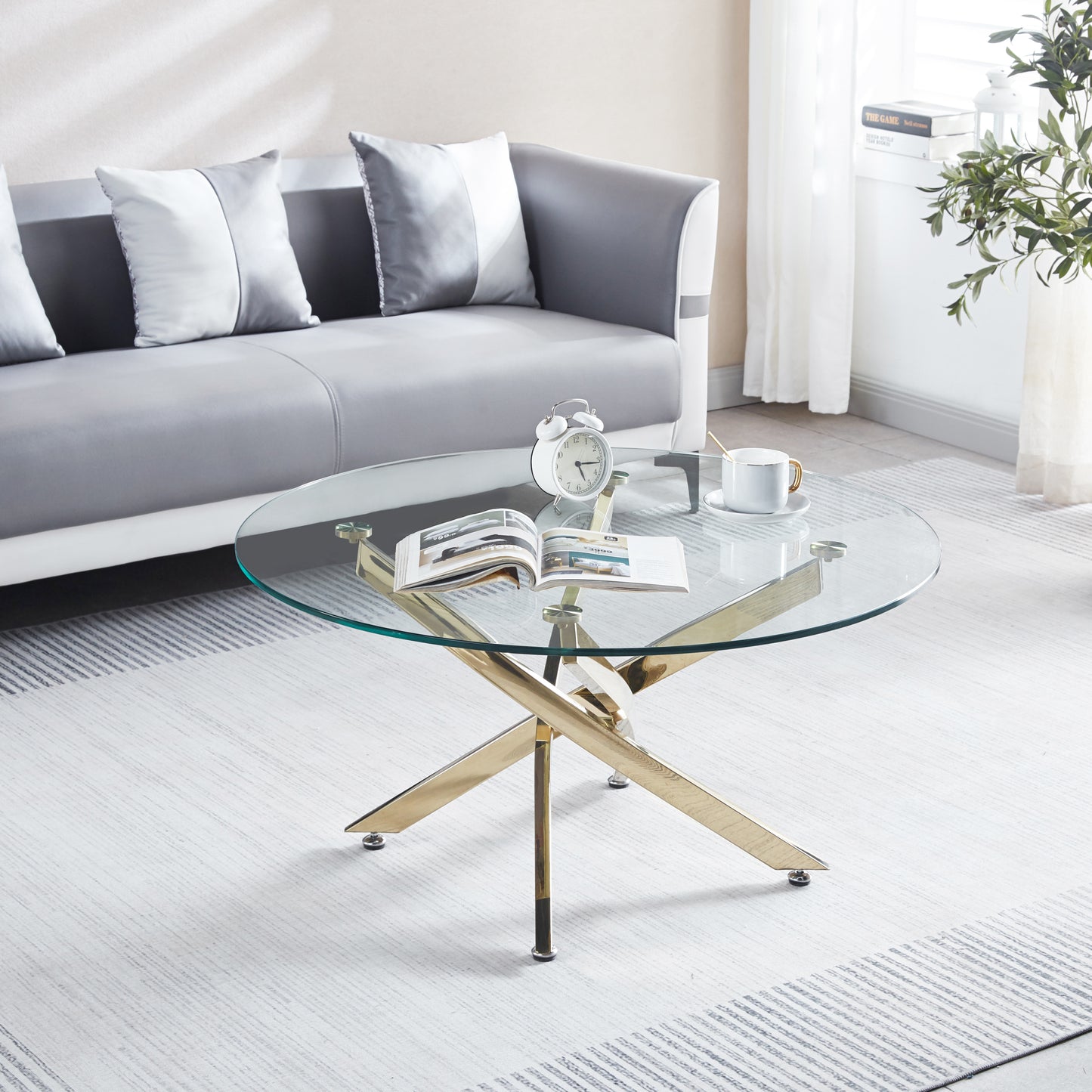 Contemporary Stainless Steel Legs Glass Coffee Table