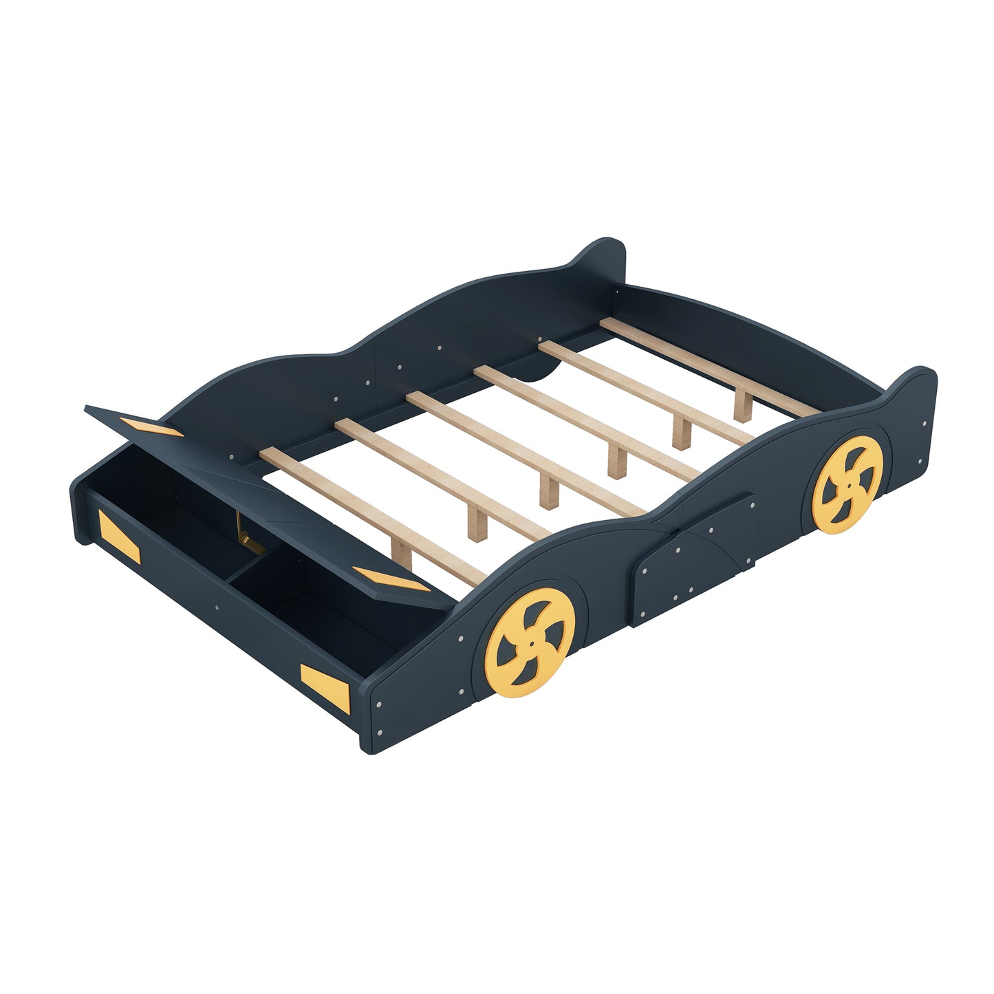 Full Size Race Car-Shaped Platform Bed with Wheels and Storage, Dark Blue+Yellow