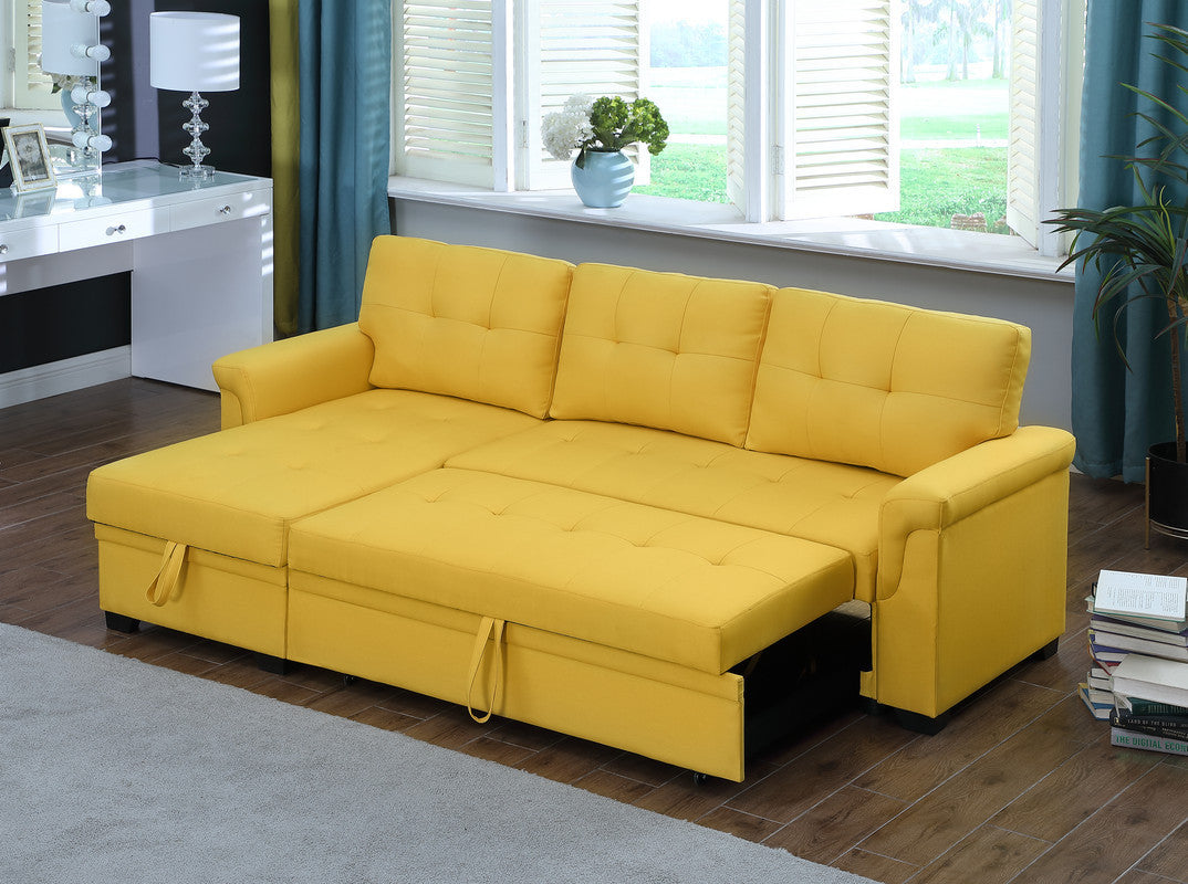 Lucca Yellow Linen Sleeper Sectional Sofa with Reversible Storage Chaise