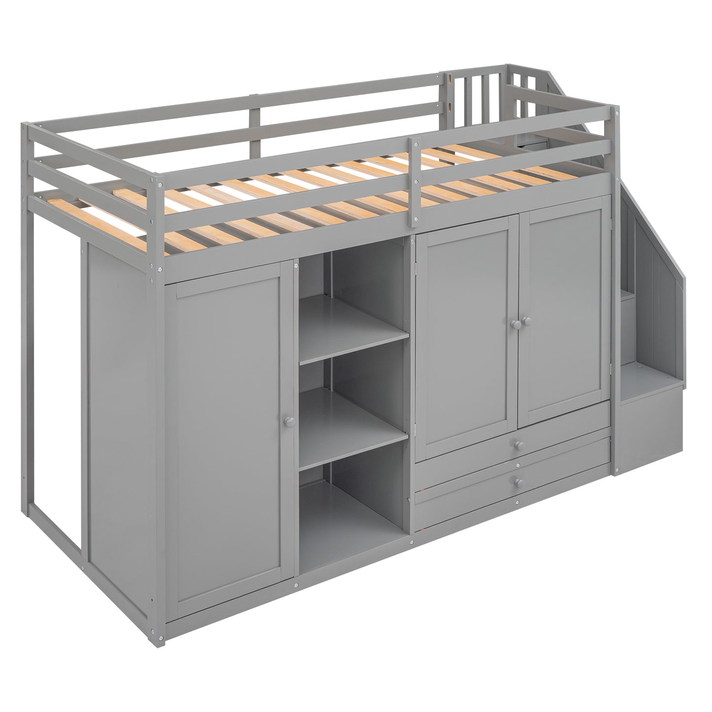 Functional Loft Bed with 3 Shelves, 2 Wardrobes and 2 Drawers,  Ladder with Storage, No Box Spring Needed, Gray