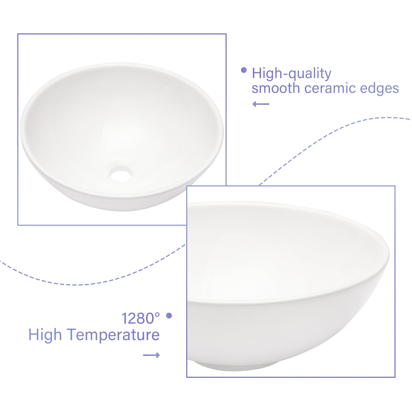 16"x16" White Ceramic Round Vessel Bathroom Sink