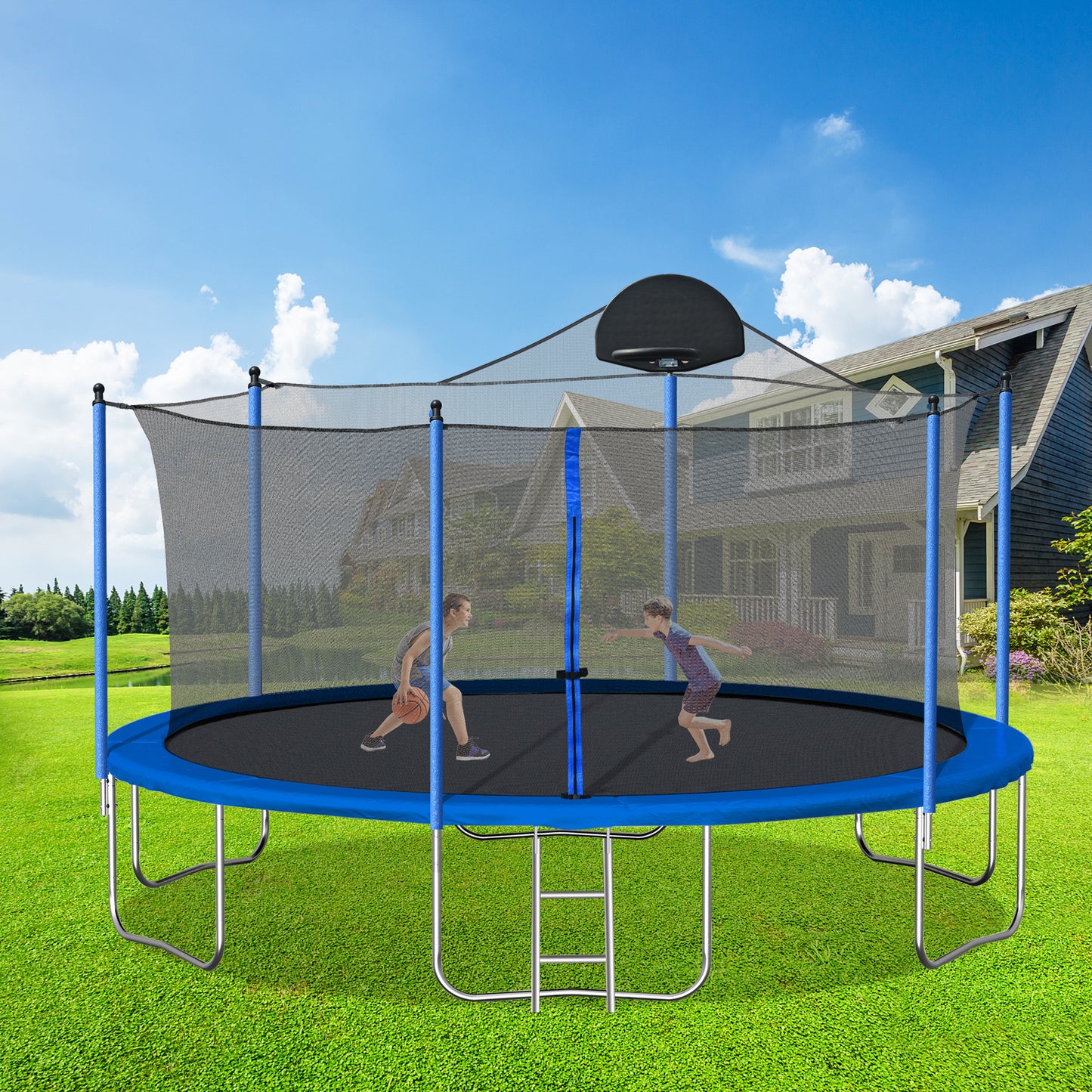 14FT Trampoline for Adults & Kids with Basketball Hoop, Outdoor Trampolines w/Ladder and Safety Enclosure Net for Kids and Adults,Double-side Color cover