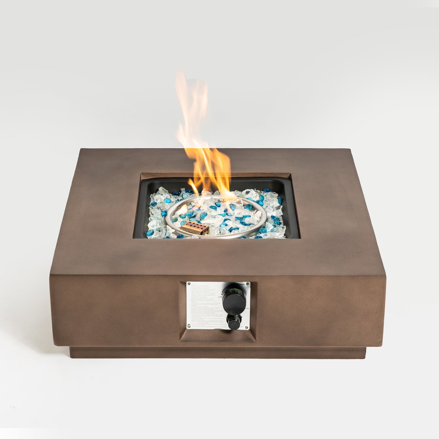 Outdoor Brown Concrete Propane Fire Pit Table with Glass Rocks