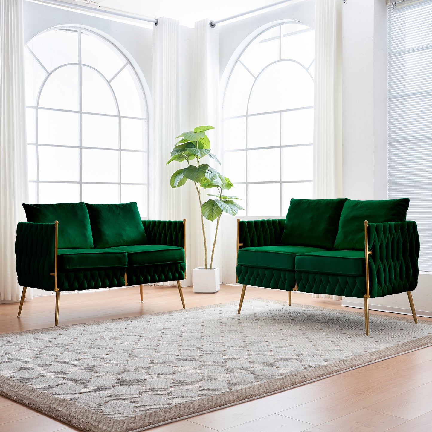 Handwoven Green Velvet Loveseat Set with Golden Metal Legs