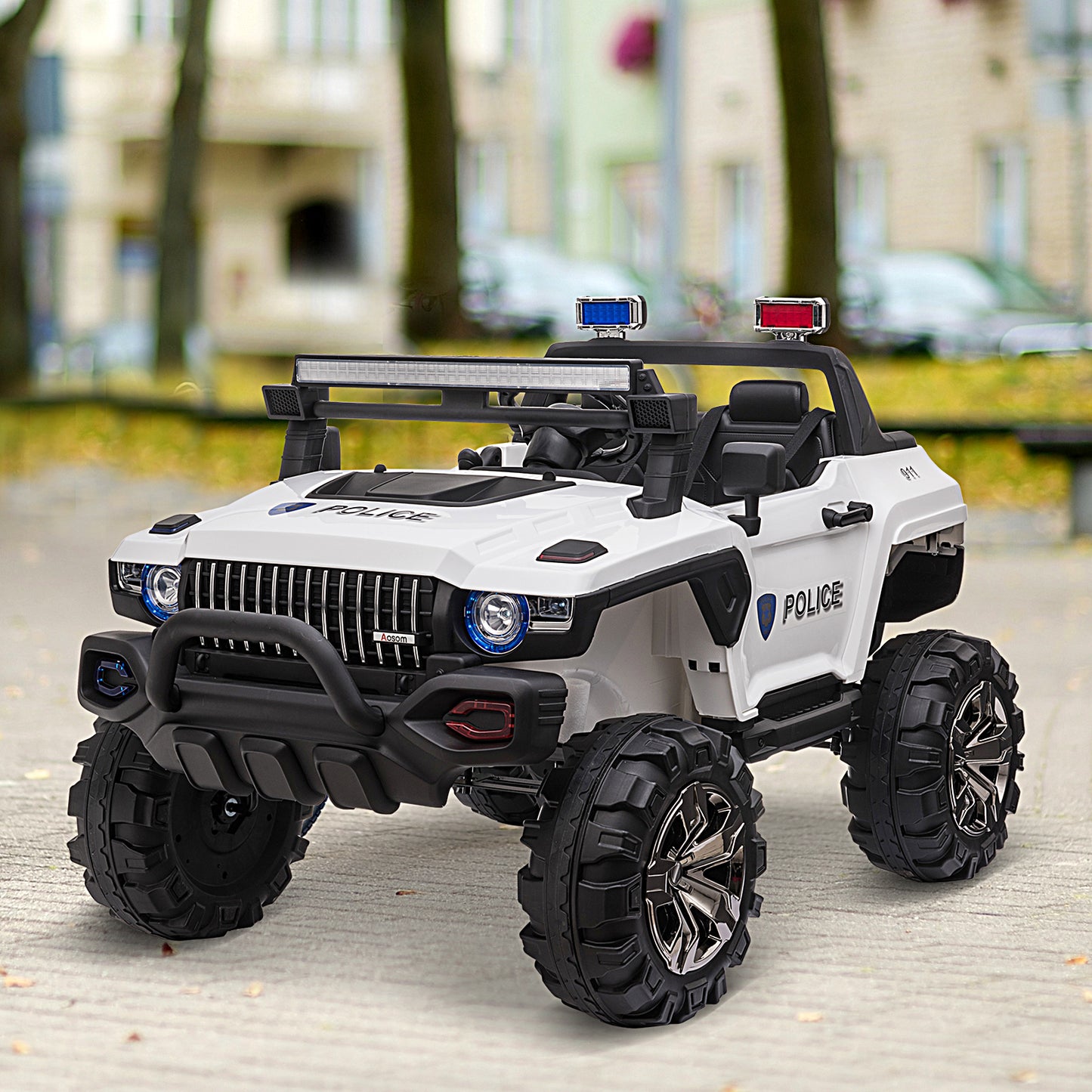 Aosom Big Size 53"L 2-Seater 12V Police Car Ride-on Truck with Remote Control and Siren, Battery-Operated Electric Car for Kids with Suspension, MP3 Player, Lights, Music, Horn, White