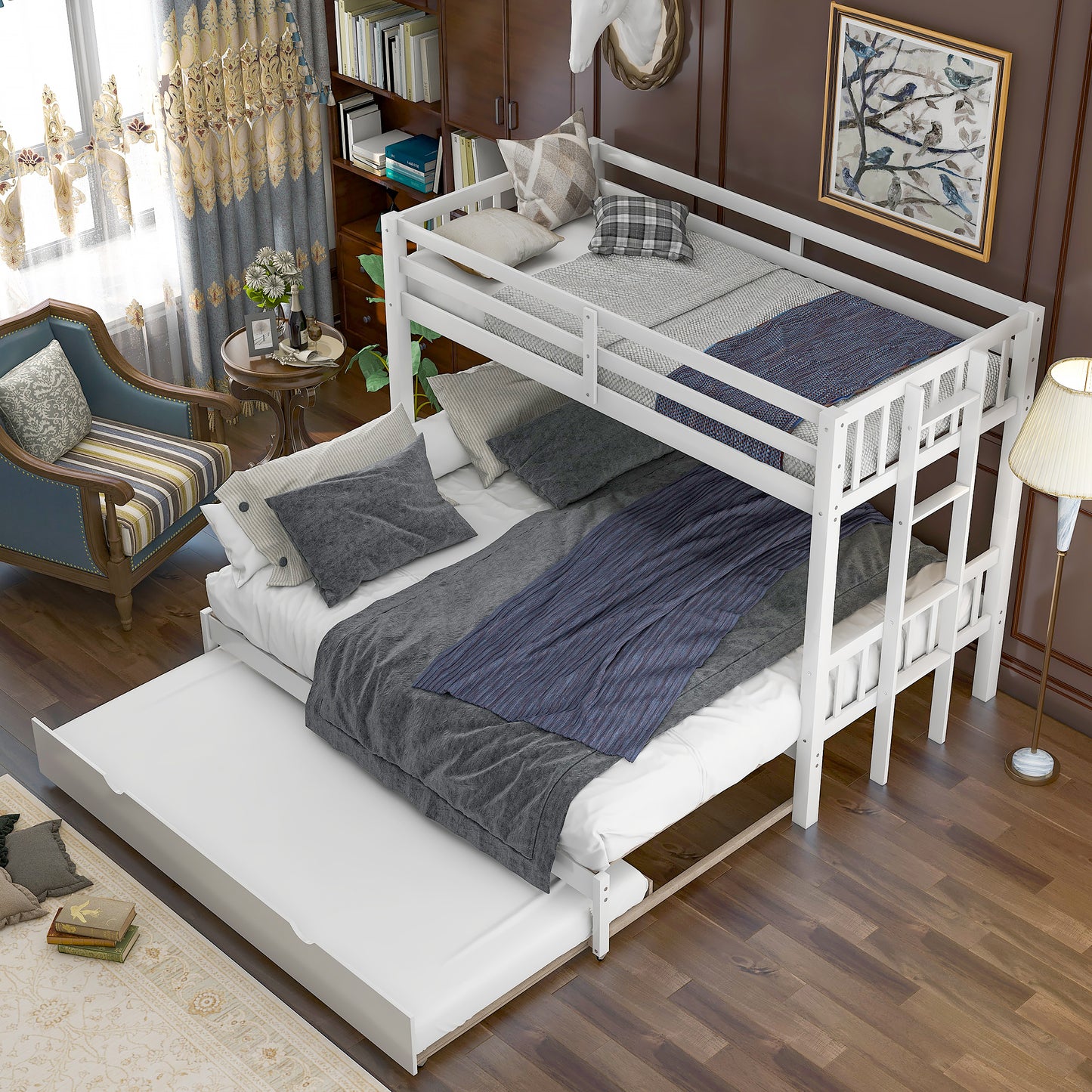 White Pull-out Bunk Bed with Trundle for Twin Over - Versatile Space-Saving Sleeping Solution