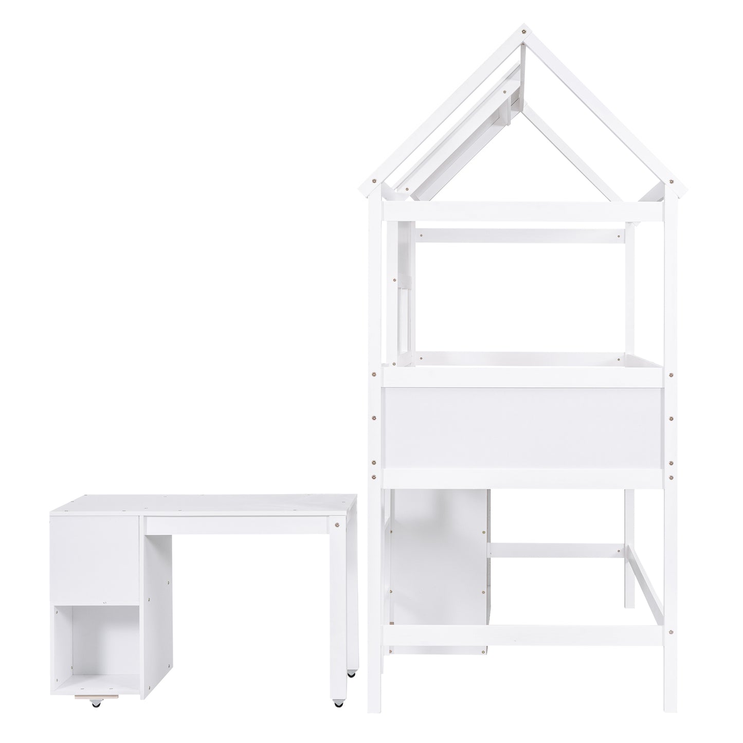 Twin Size House Loft Bed with Storage Desk and 3 Drawer Chest, White