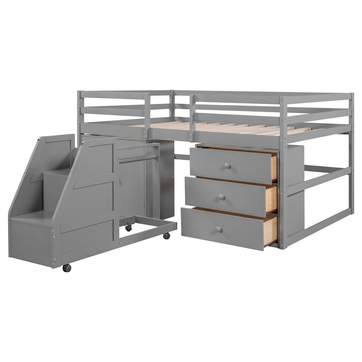 Full Size Functional Loft Bed with Cabinets and Drawers, Hanging Clothes at the back of the Staircase, Gray