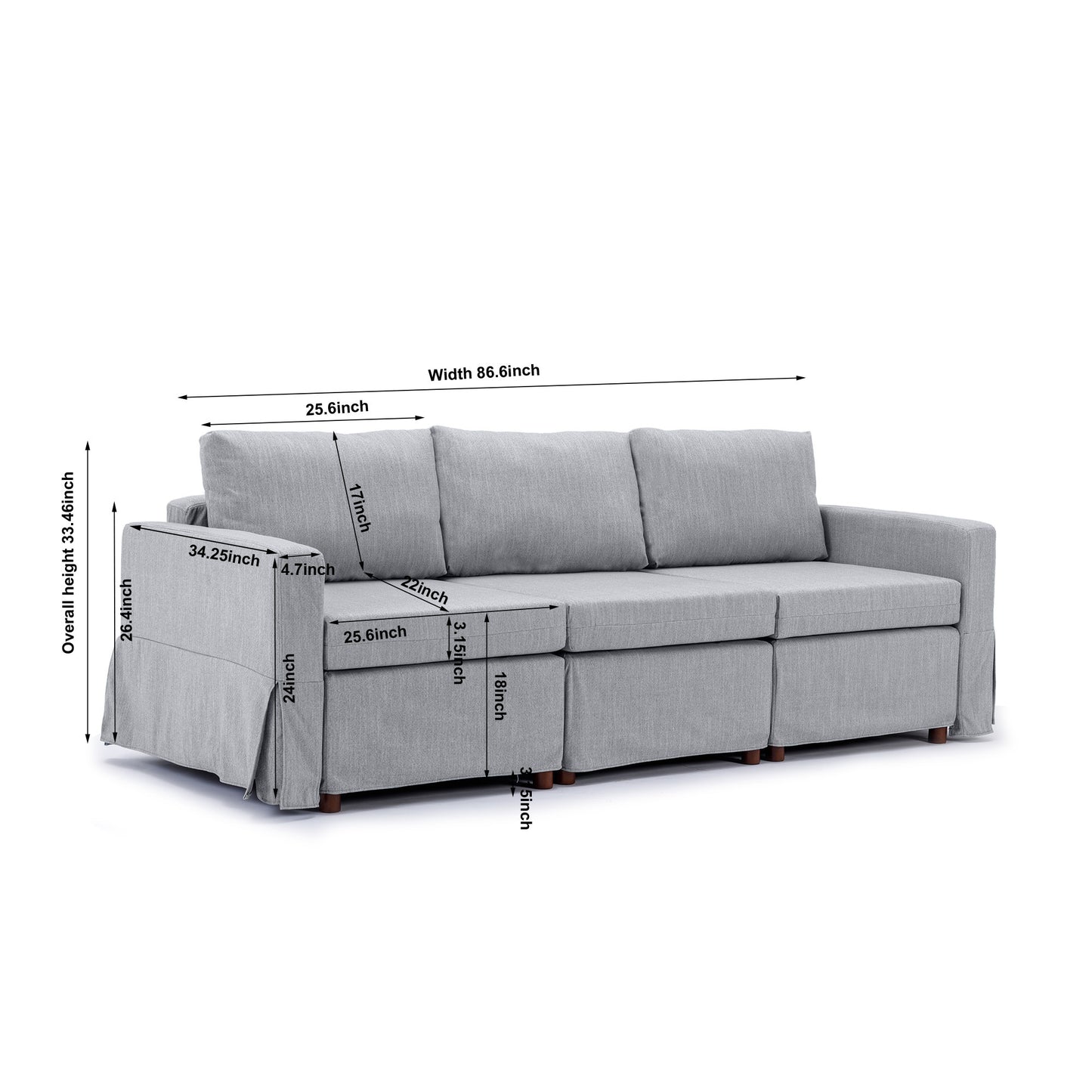 3 Seat Modular Sectional Sofa with Ottoman Set, Light Grey Linen with Removable Washable Cushions