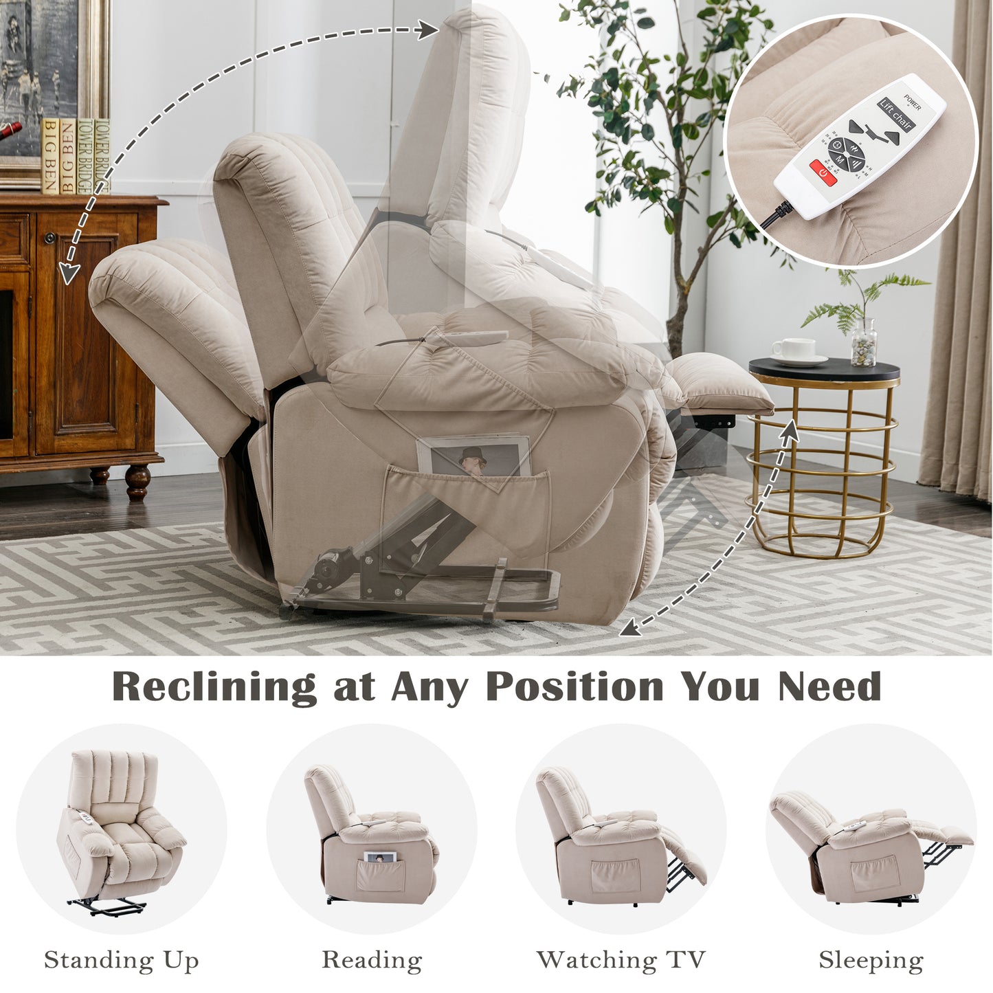 Electric Power Lift Massage Recliner Chair with Heat and Vibration, Beige - Comfortable and Customizable Electric Lift Recliner with Massage Function