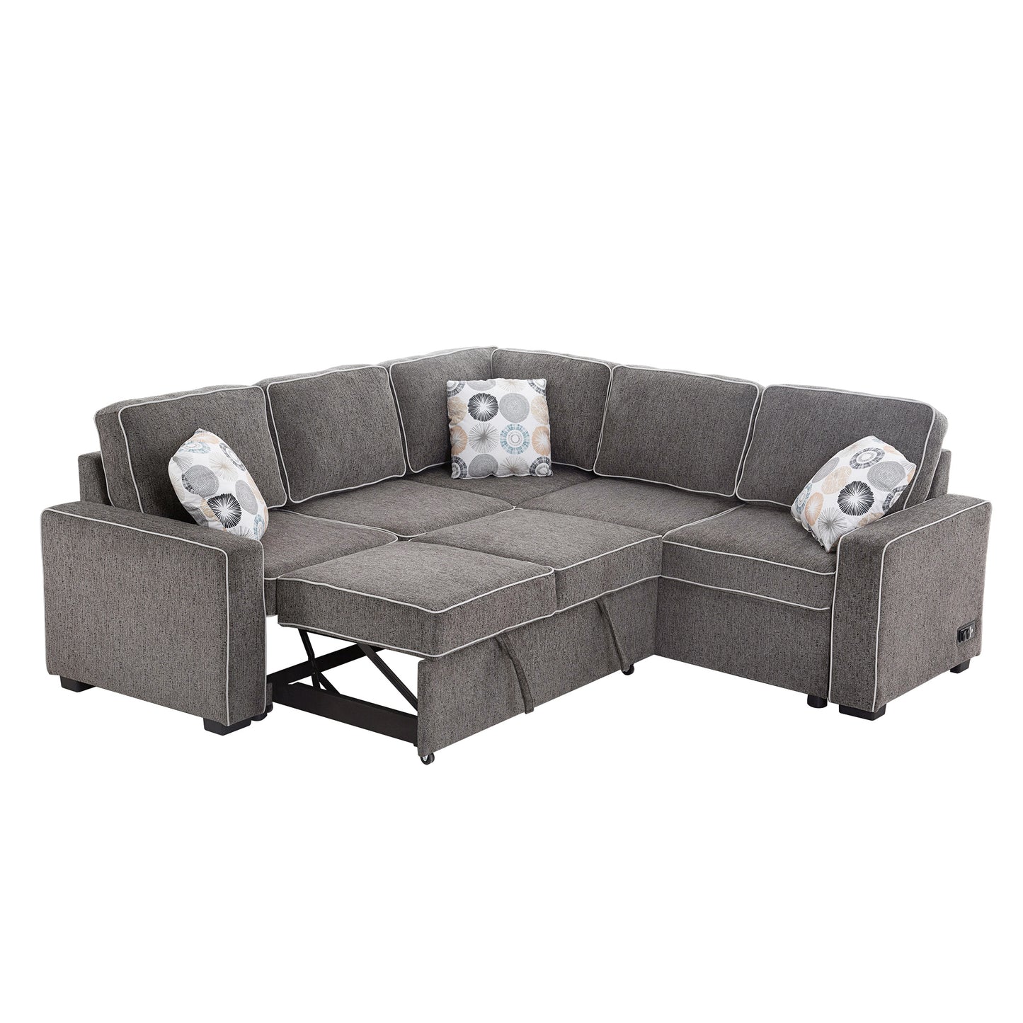 Modern L-Shaped Sleeper Sofa Bed with USB Ports and Pillows