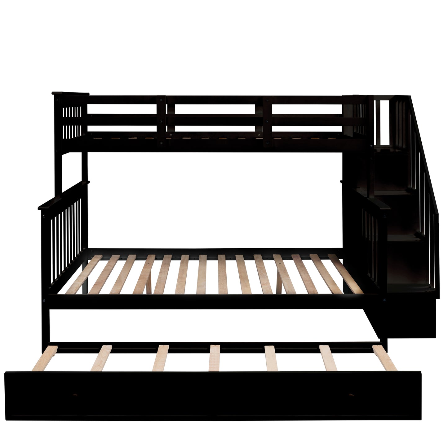 Stairway Bunk Bed with Storage, Trundle, and Guard Rail in Espresso Finish for Adults