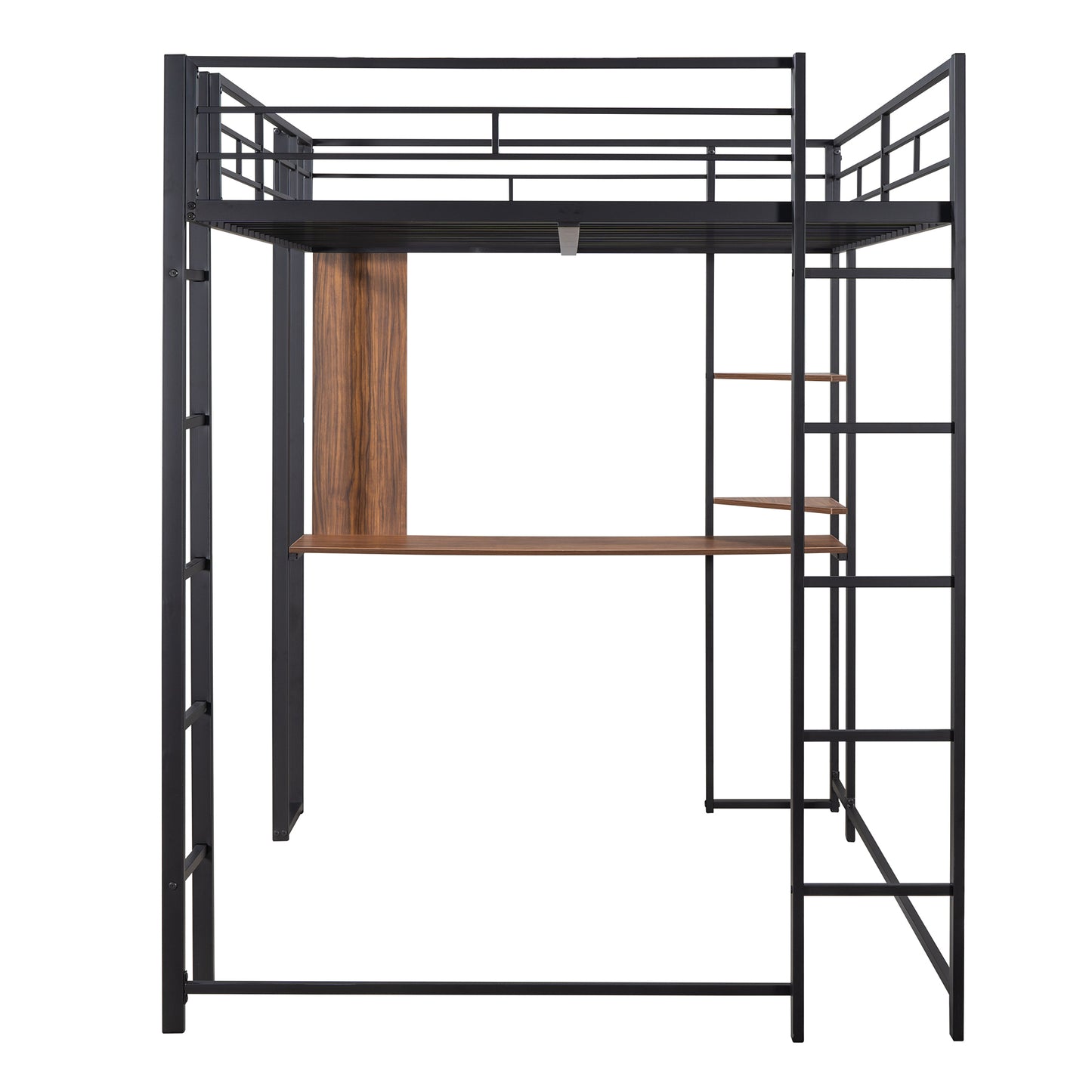 Full Size Metal Loft Bed with 2 Shelves and one Desk ,Black