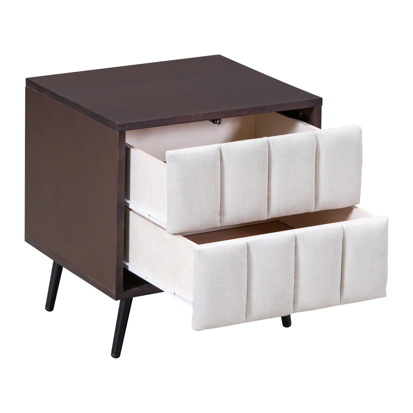 2-Drawer Nightstand for Bedroom, Mordern Wood+Linen Bedside Table with Classic Design,Walnut+Beige