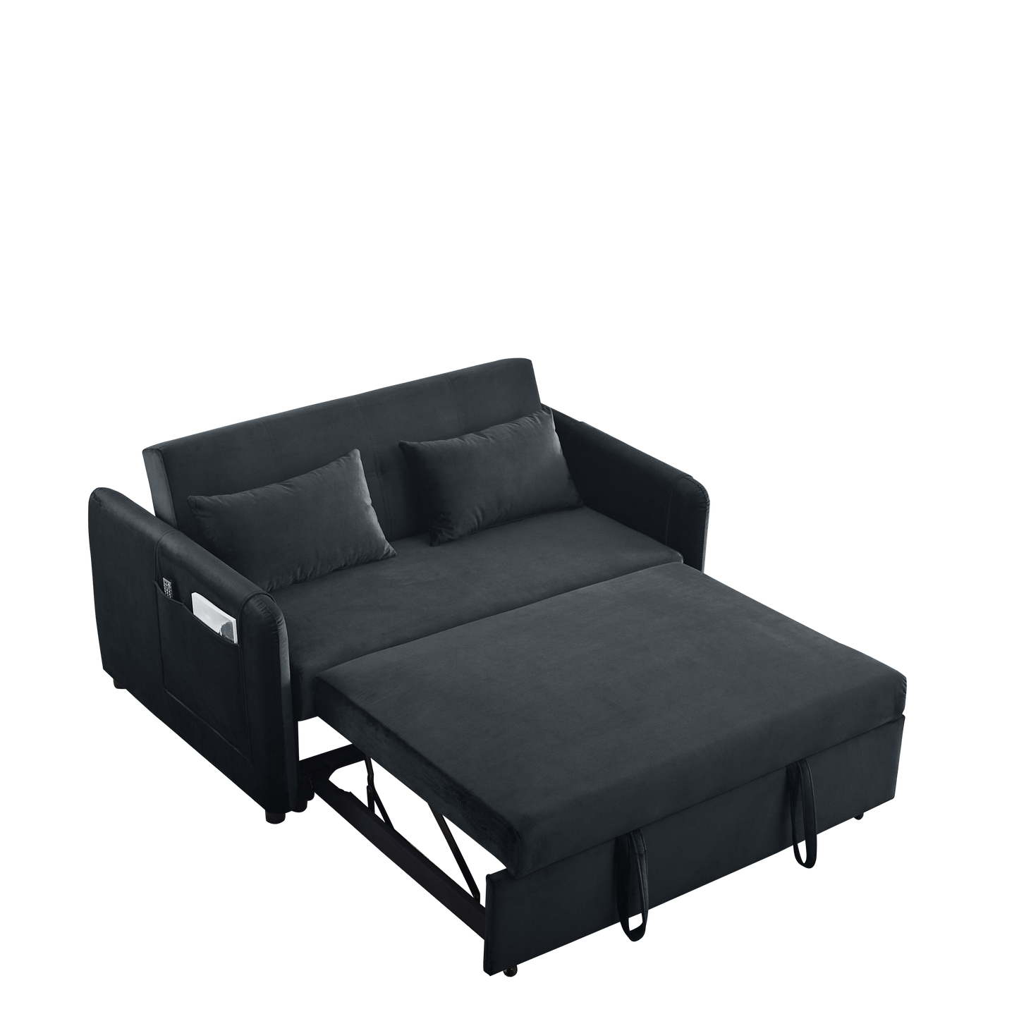 Convertible Sofa Bed, 3-in-1 Versatile Velvet Double Sofa with Pullout Bed, Seat with Adjustable Backrest, Lumbar Pillows, and Living Room Side Pockets, 54 Inch, Black