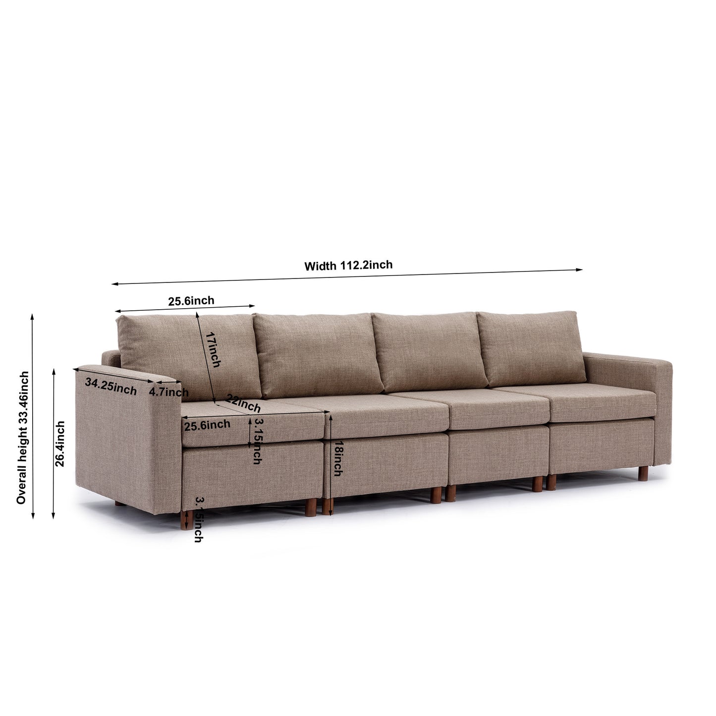 4 Seat Sectional Sofa with Ottoman, Brown Linen, Sturdy Wood Frame, High-Density Sponge Padding