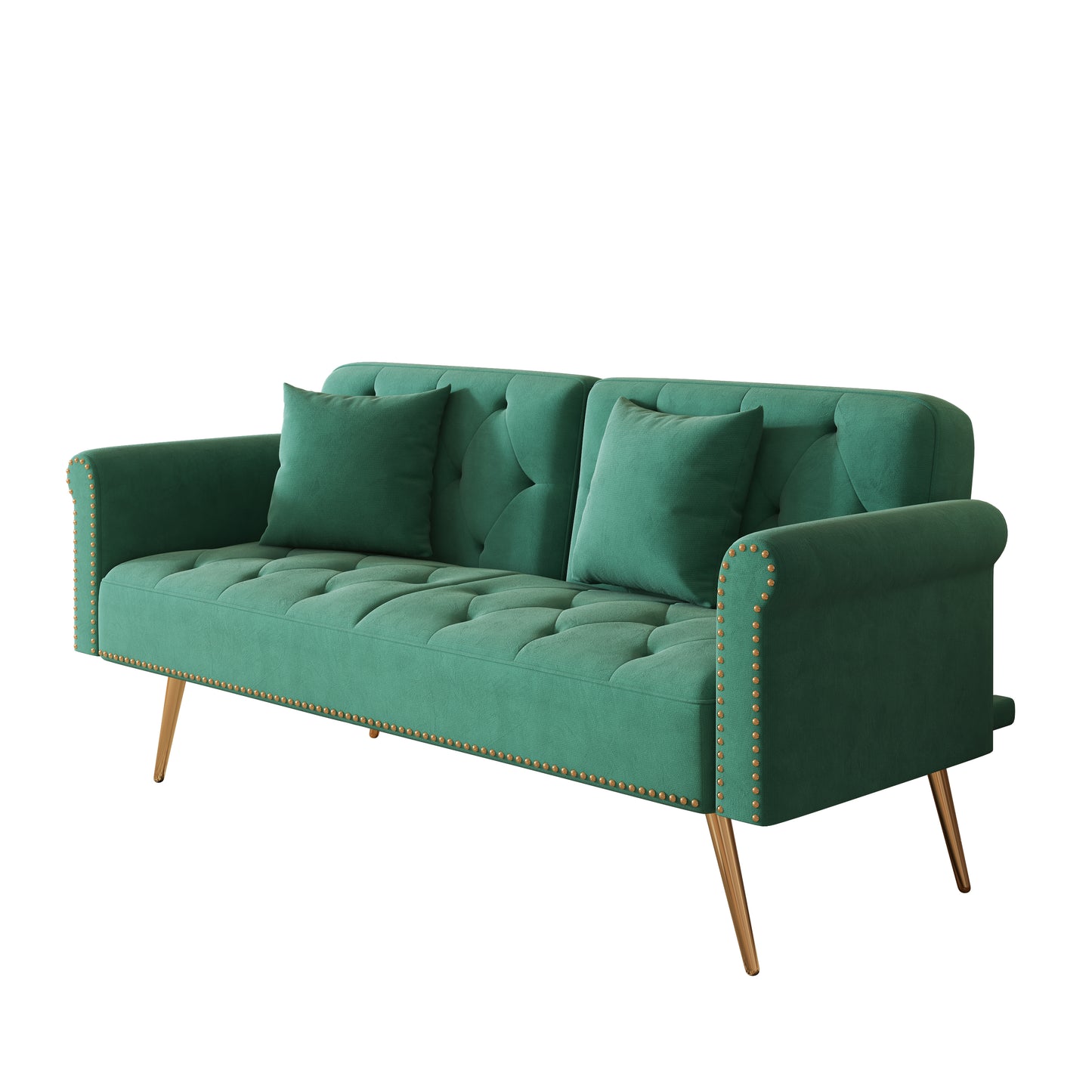 69.7 Green Velvet Sofa Bed with Nail Head Trim and Throw Pillow