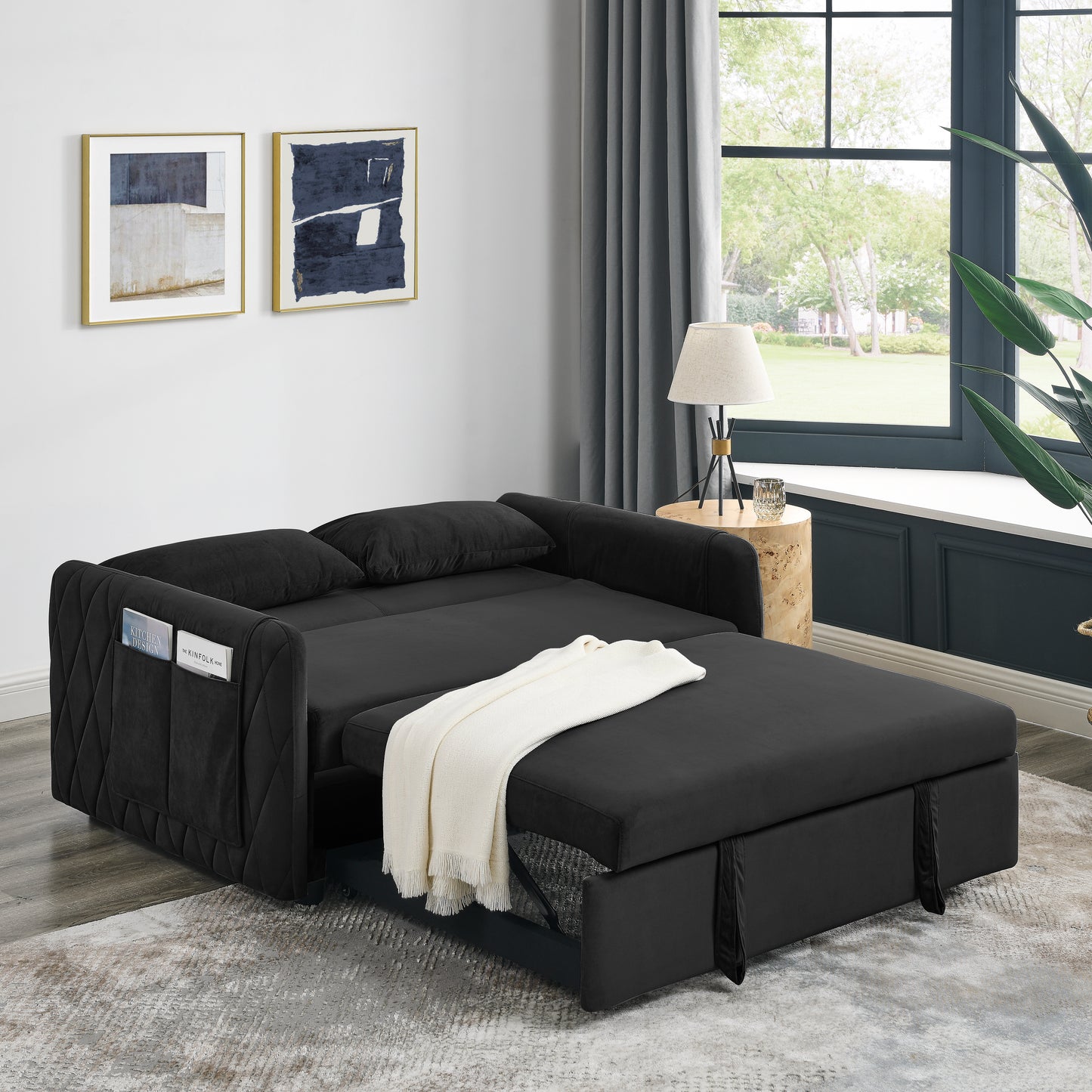 55 Modern Velvet Convertible Sofa Bed with Adjustable Backrest and Detachable Arm Pockets