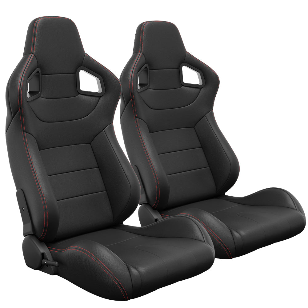 Carbon Look Reclinable Racing Seats with Red Stitch - Set of 2