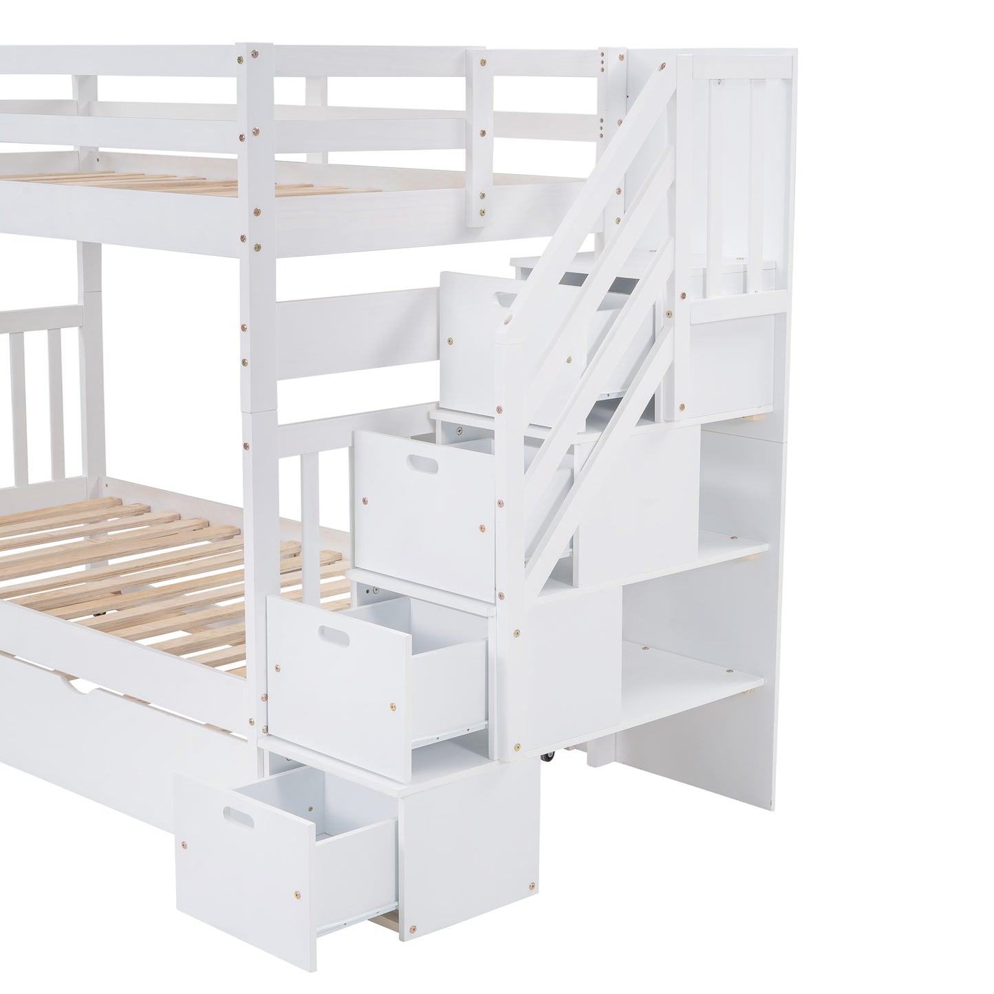 Stairway Bunk Bed with Trundle and Storage Drawers in White