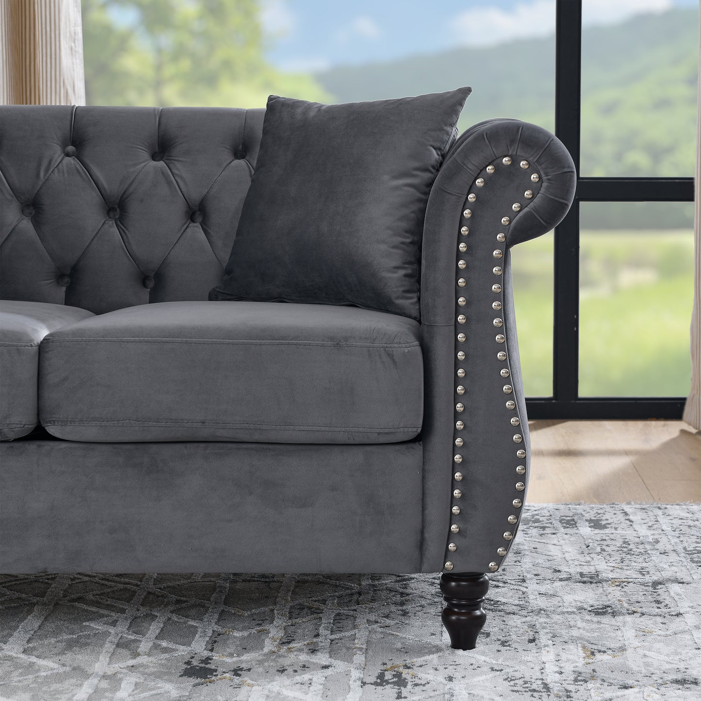 Classic Chesterfield 2-Seater Velvet Sofa in Grey with Rolled Arms and Nailhead Trim