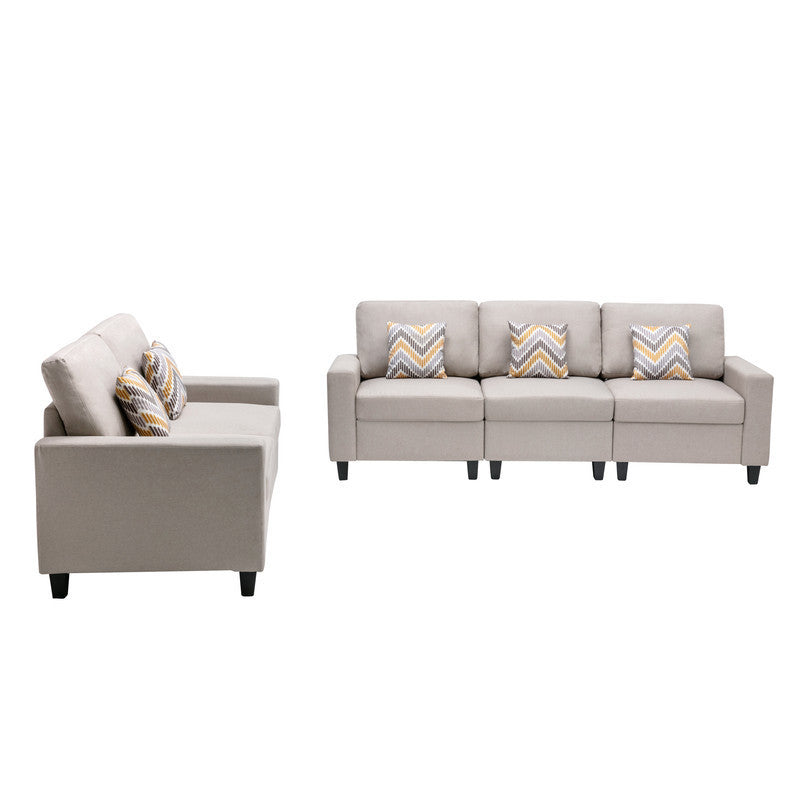 Nolan Beige Linen Fabric Sofa and Loveseat Living Room Set with Pillows and Interchangeable Legs