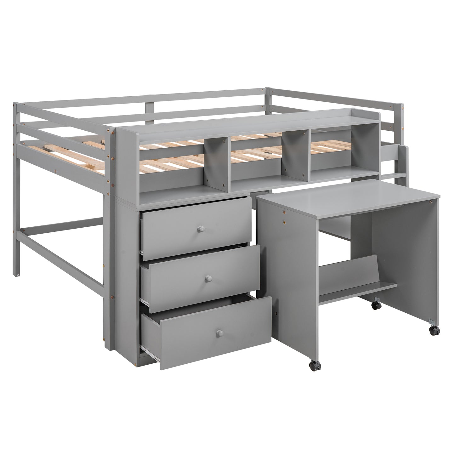 Full Size Low Loft Bed with Rolling Portable Desk, Drawers and Shelves, Gray(: GX000711AAE)