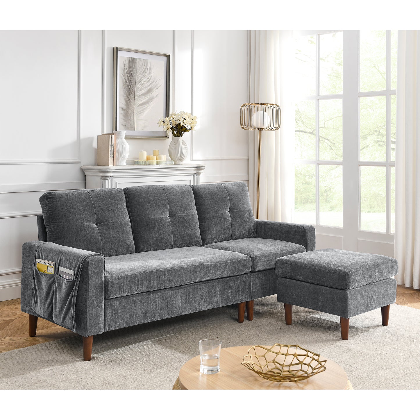 Convertible L-Shape Sectional Sofa with Removable Cushions and Ottoman, Dark Grey Chenille