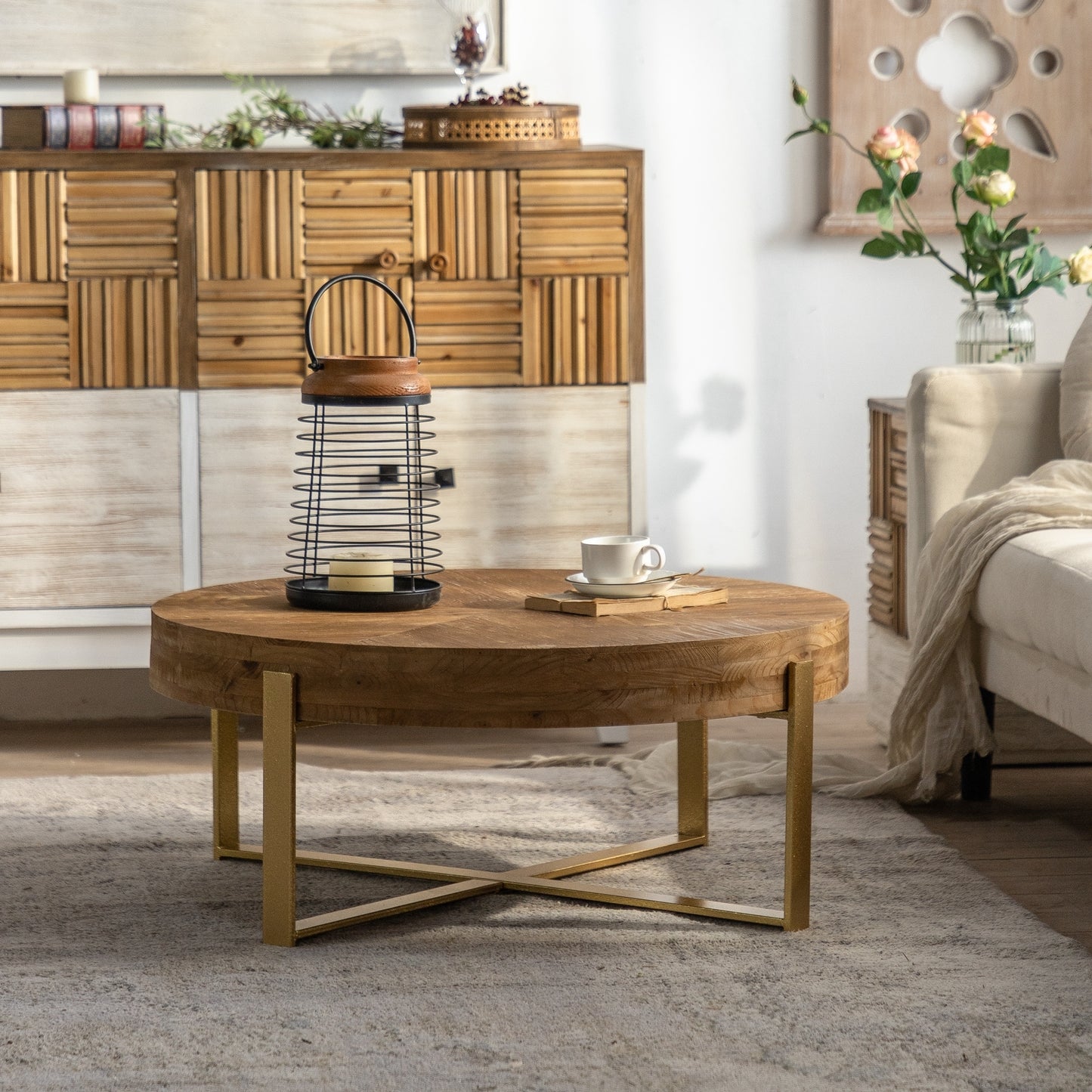 Modern Retro Splicing Round Coffee Table with Gold Cross Legs and Fir Wood Table Top (SKU: W757123559)