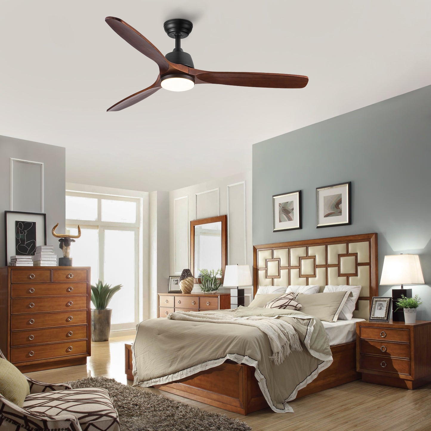 52 Inch Integrated LED Ceiling Fan with Solid Wood Blades and Color Changing Light