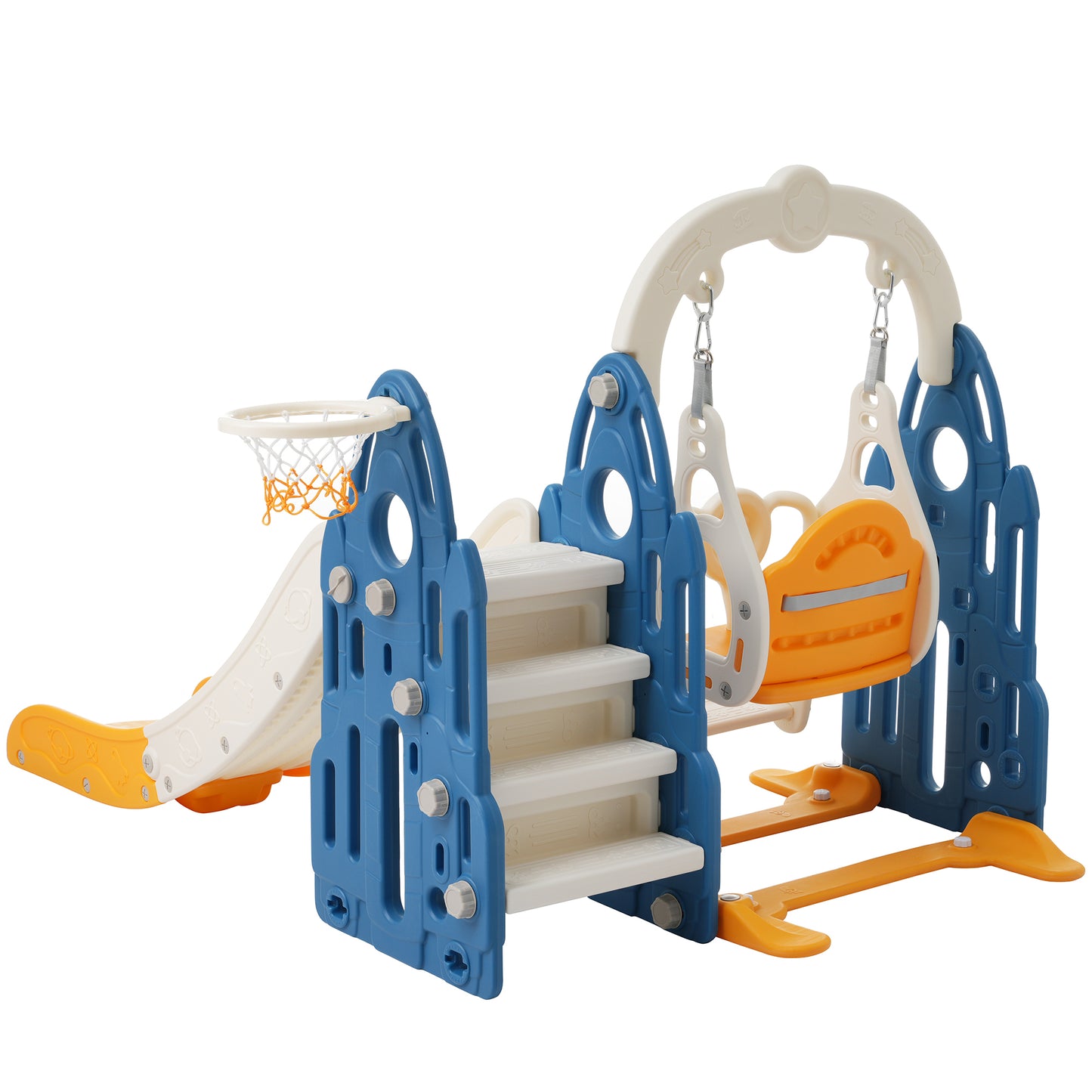 4-in-1 Toddler Playground Climber, Slide, Swing Set with Basketball Hoop