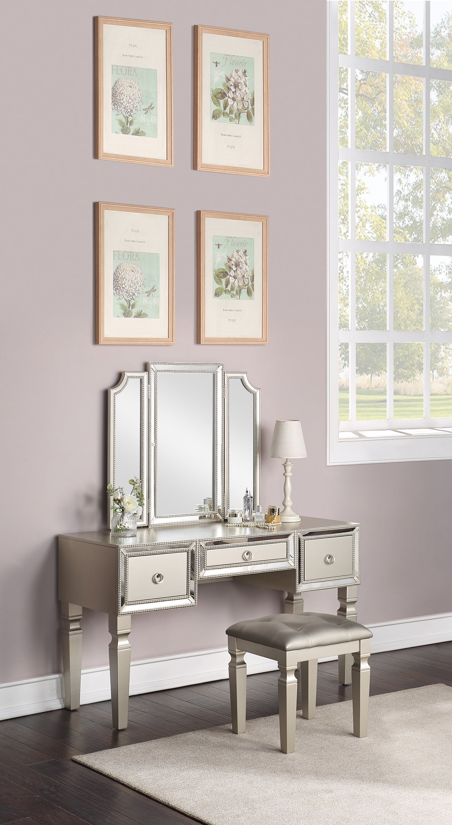 Luxurious Majestic Classic Silver Color Vanity Set w Stool 3- Storage Drawers 1pc Bedroom Furniture Set Tri-Fold Mirror