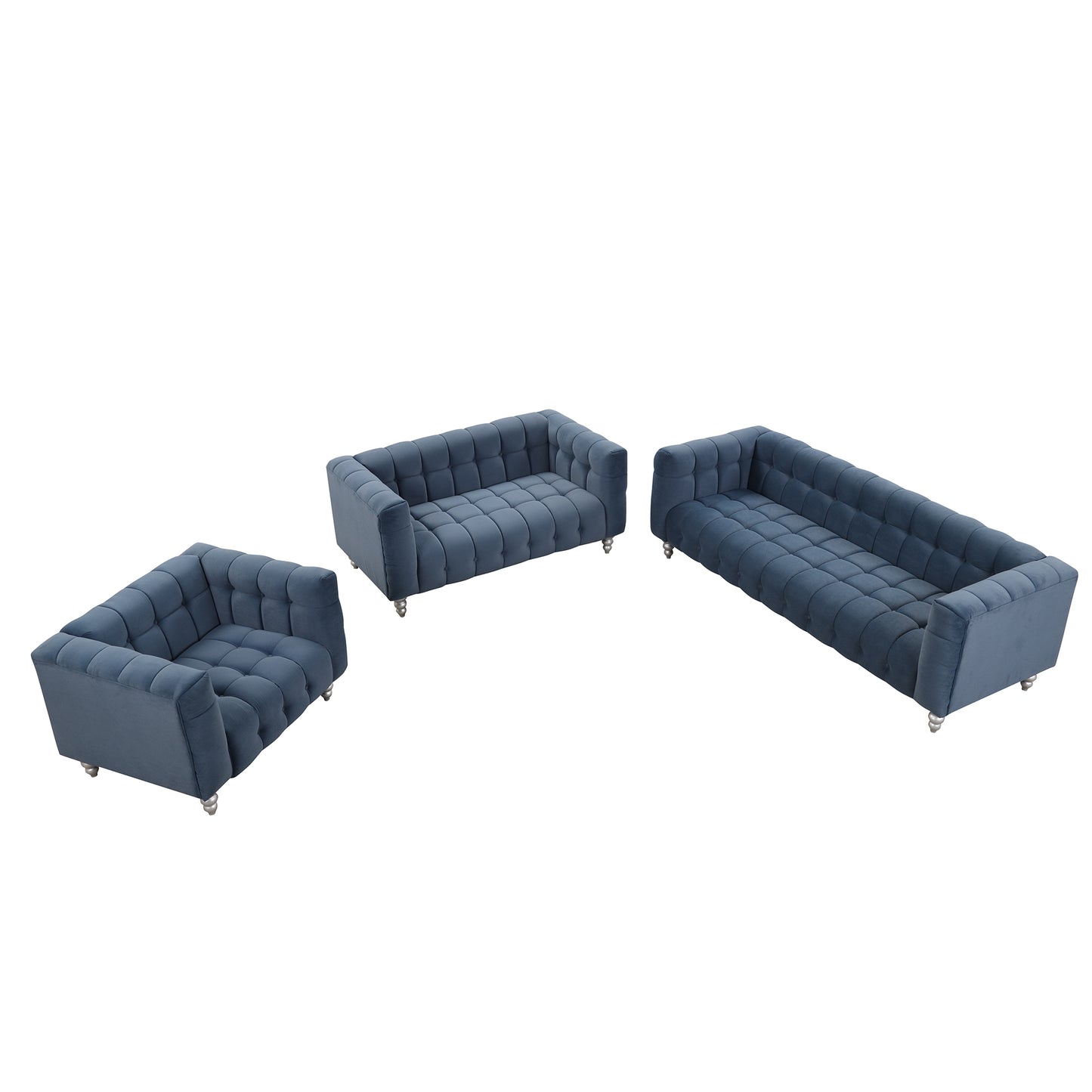 Modern 3-piece sofa set with solid wood legs, buttoned tufted backrest, Dutch fleece upholstered sofa set including three-seater sofa, double seat and living room furniture set single chair, blue