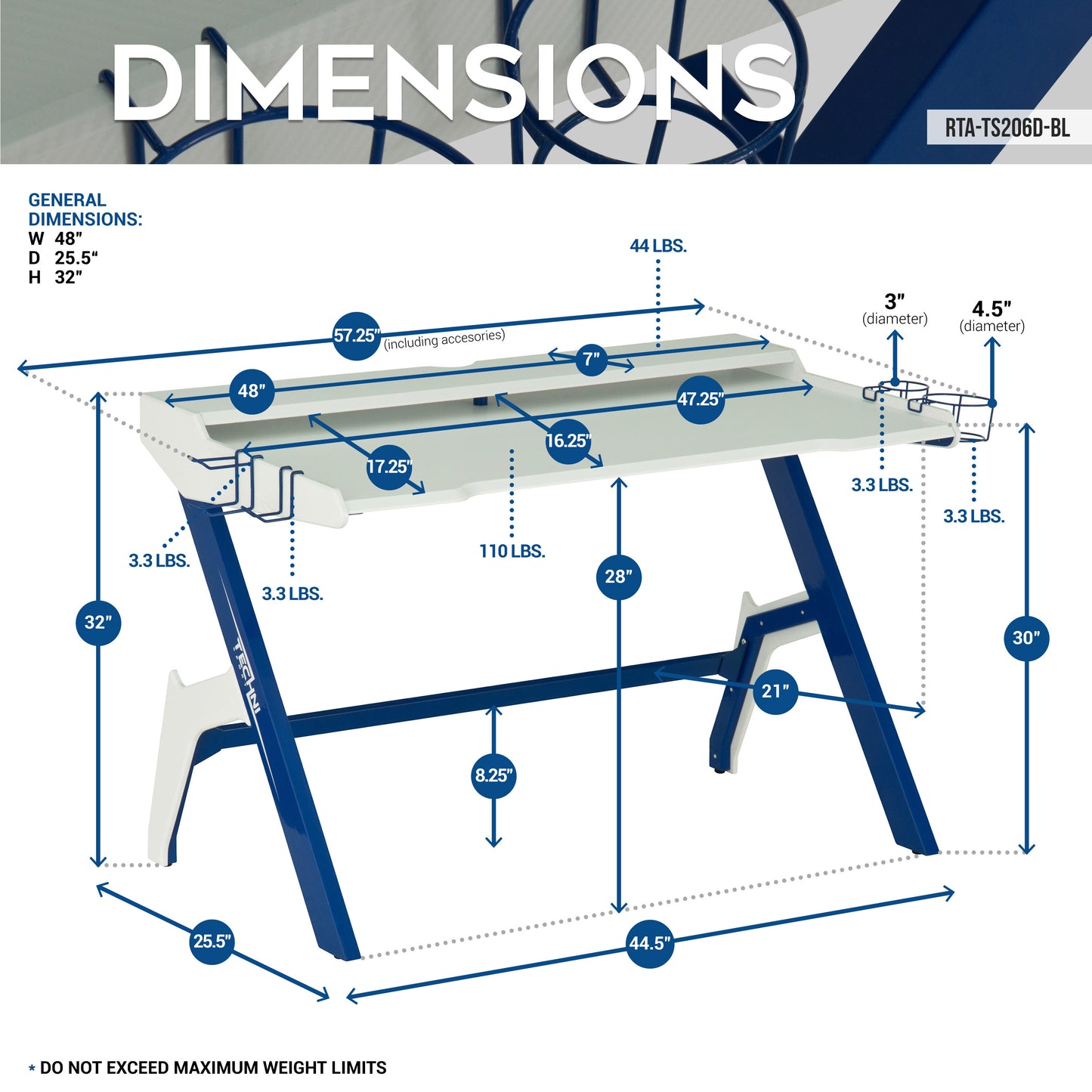 Techni Sport Blue Gaming Desk with Cupholder & Headphone Hook