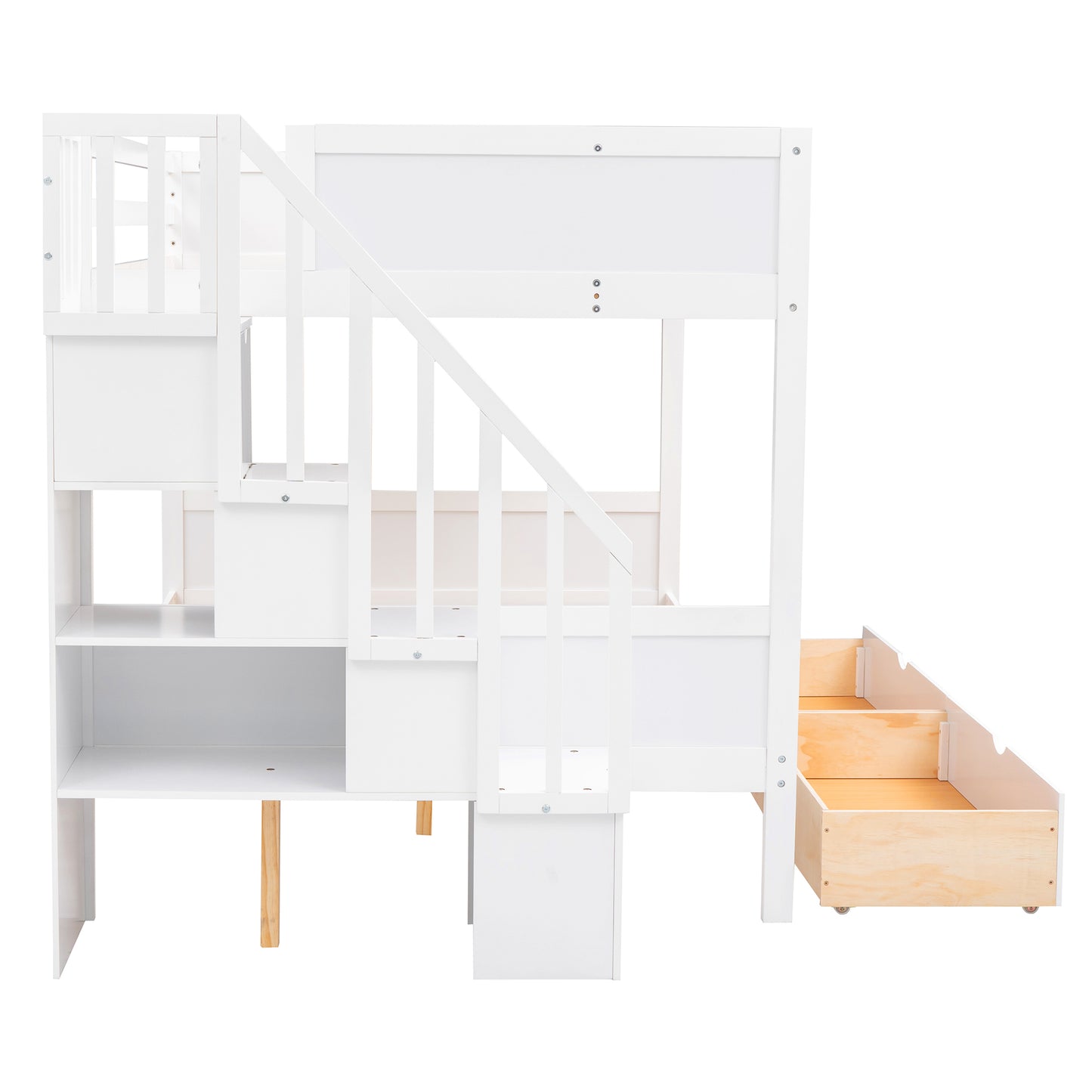 Versatile White Bunk Bed with Shelves, Storage Staircase, and Drawers