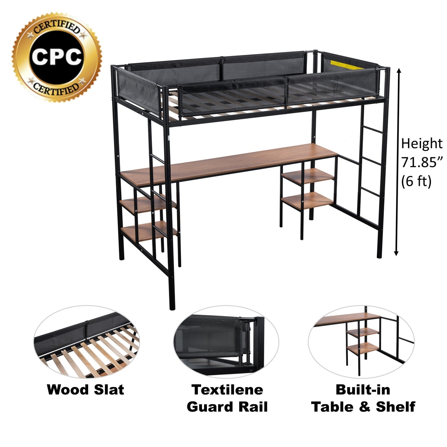 Metal Twin-size Loft Bed with Table & Shelves/ Sturdy Metal Bed Frame/ Noise-free Wood Slat/ Comfortable Textilene Guardrail/ Built-in Table and Shelves/ 2 Side Ladders/ No Box Spring Needed