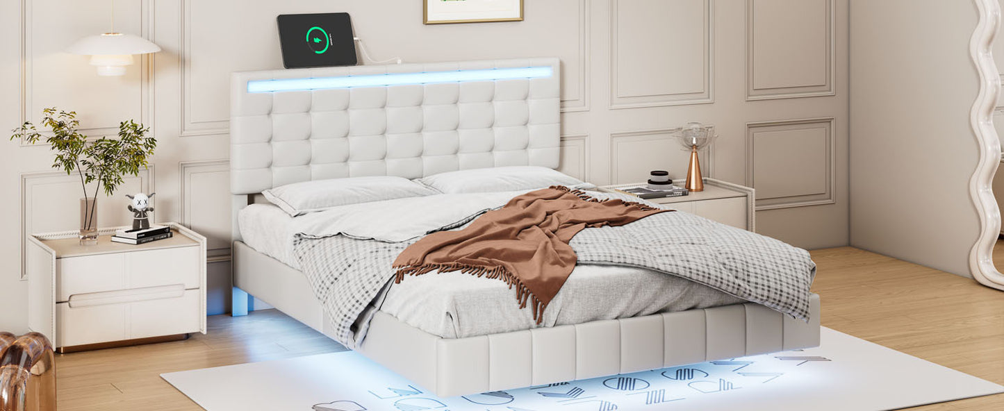 Full Size Floating Bed Frame with LED Lights and USB Charging,Modern Upholstered Platform LED Bed Frame,White(Full)